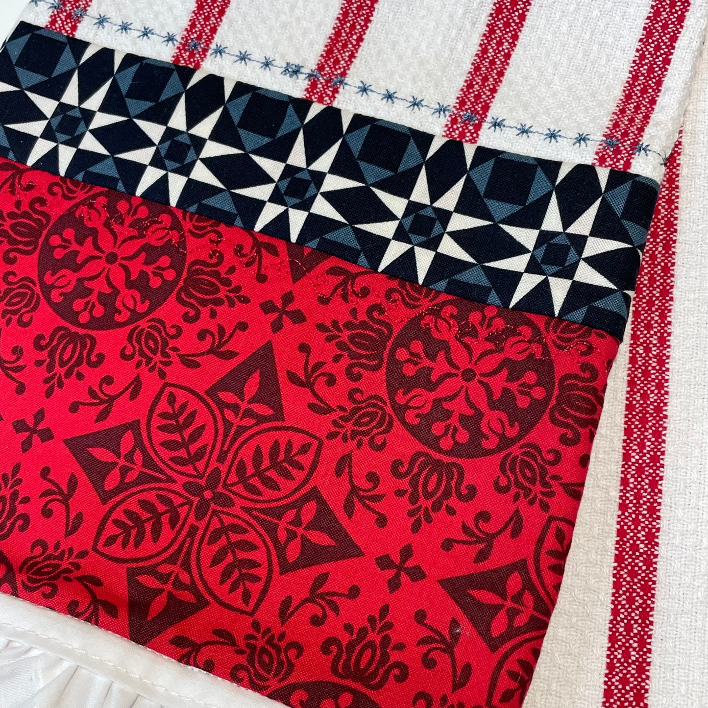 Red and White Handcrafted Kitchen Dish Towel, Modern Farmhouse Tea Towel - Home Stitchery Decor