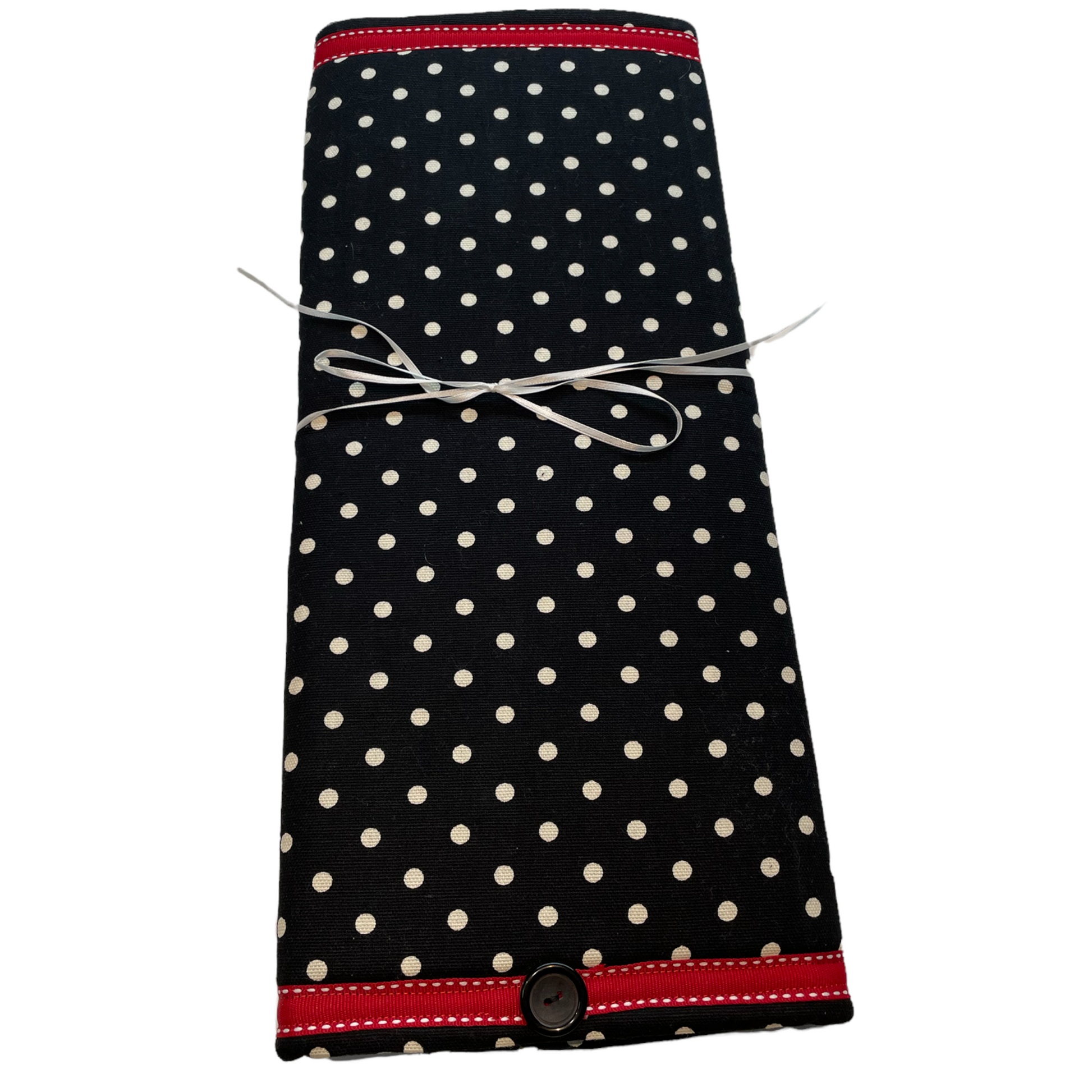Retro Black and White Polka Dot Dish Drying Mat with Red and white trim and a black accent button. Vintage style kitchen decor for 21st century.  Part of a mix and match collection so be sure to check out all the coordinating products.  Handcrafted in Canada. Find out more on the Home Stitchery Decor YouTube Channel