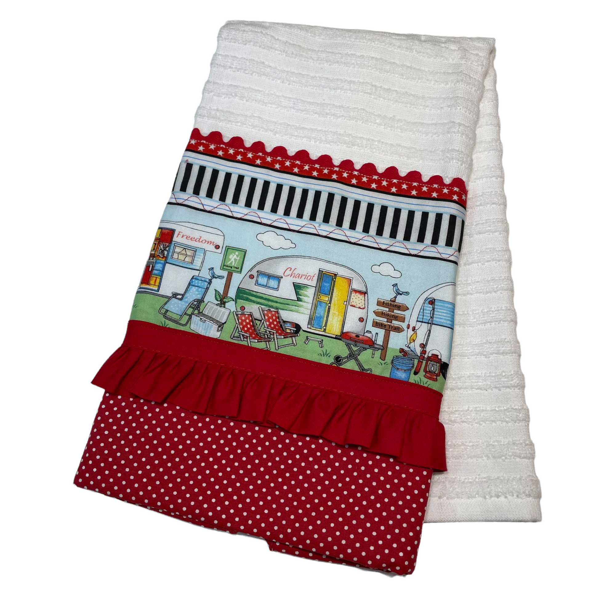 Glaming Decor Idea. Dress up your RV, Travel Trailer or Cabin with cute dish towles featuring retro campers. Super soft white textured towel with red, white and black details. Handcrafted in Canada. Part of a collection of coordinating decor items. Shop the entire collection online. Find me at a local Farmers Market or follow along on the Home Stitchery Decor YouTube Channel. 