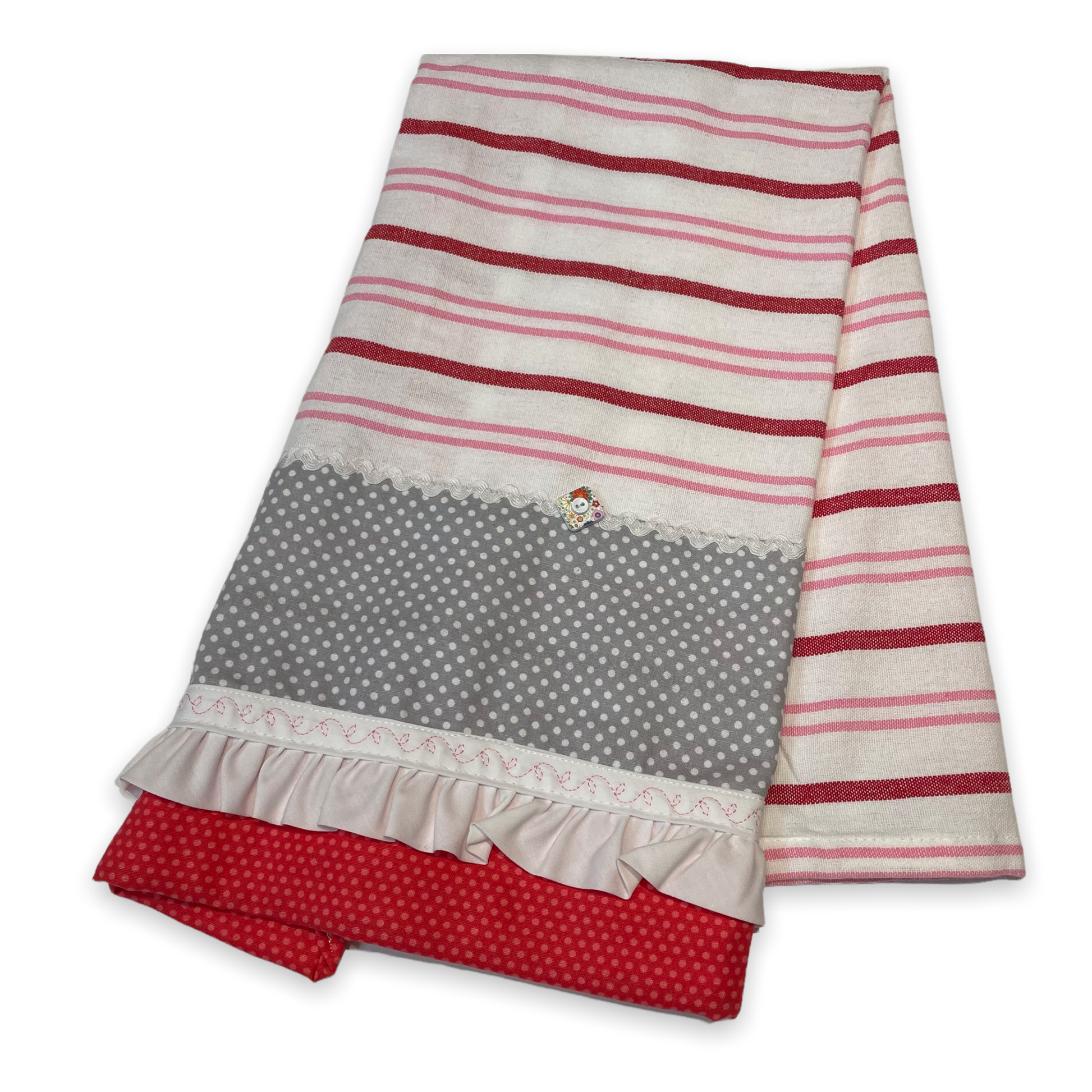 Cute red, white and pink towel with handcrafted quilting cotton accents. Featuring red Ric Rac, white Ric Rac and and heart shaped button. Part of a mix and match collection of coordinated kitchen and bath decor. Browse your favorites and be sure to follow along on the Home Stitchery Decor YouTube Channel