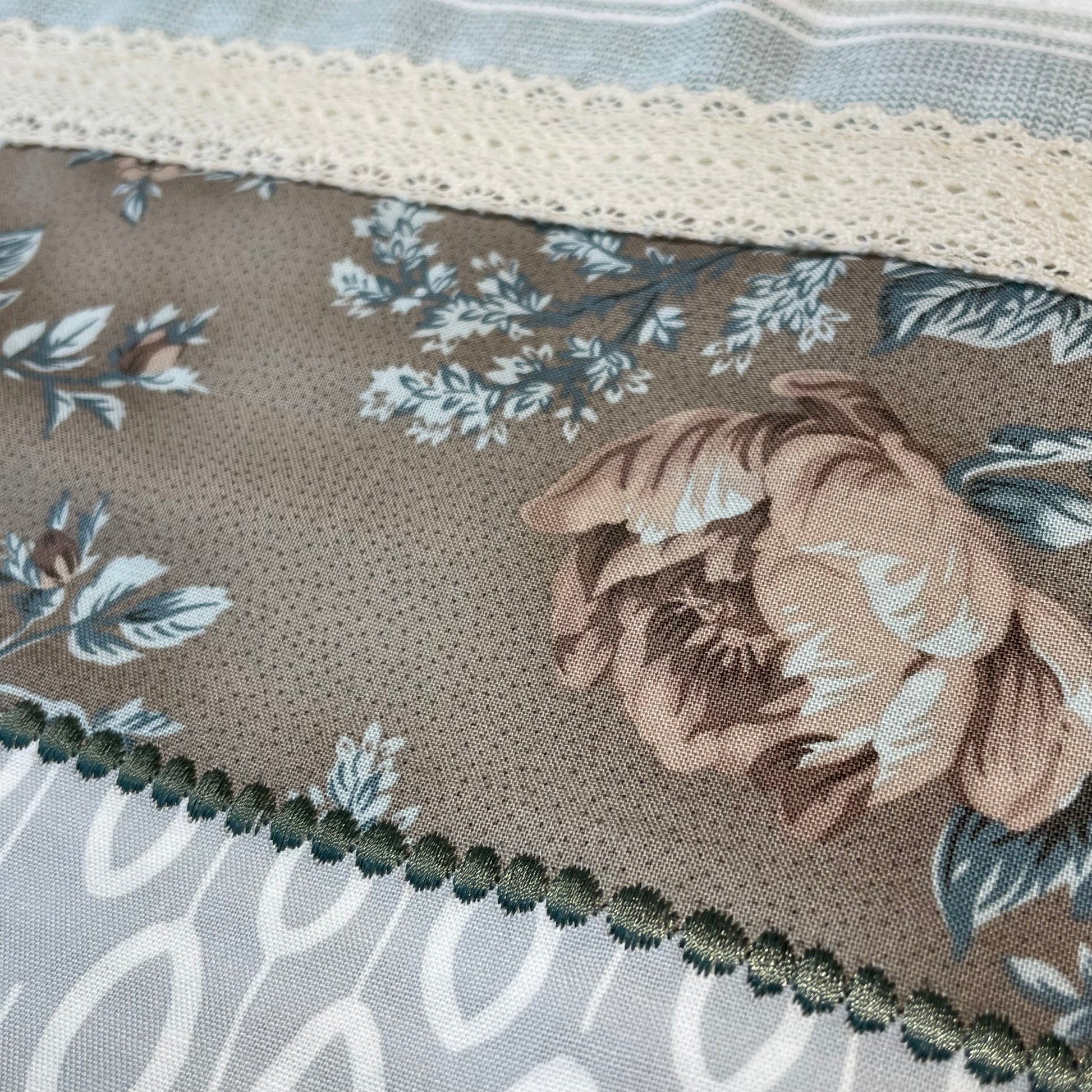 Farmhouse style dish towel. Farmhemian decor made easy with mix and match collections by Home Stitchery Decor. Grey french floral towel with cream cotton lace trim and embroidery stitching. Shop the entire collection or follow along on the Home Stitchery Decor YouTube Channel.