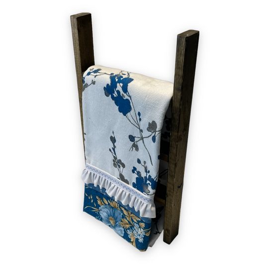 Blue and White Handmade Modern Farmhouse Tea Towel. Part of a mix and match collection of coordinating farmhouse home decor. Check it out at Home Stitchery Decor and be sure to check out the Home Stitchery Decor YouTube Channel