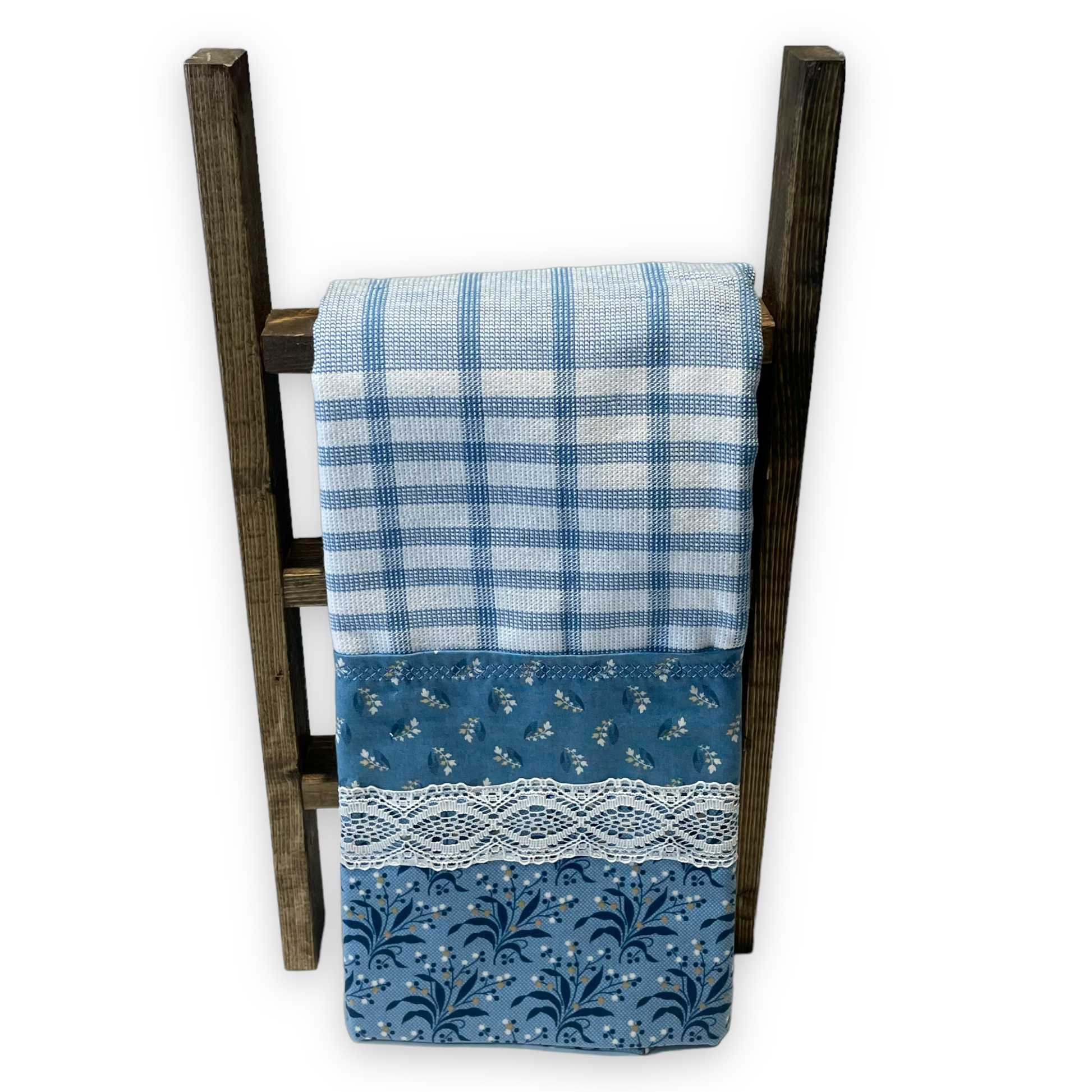 Blue and White Handmade Modern Farmhouse Tea Towel. Part of a mix and match collection of coordinating farmhouse home decor. Check it out at Home Stitchery Decor and be sure to check out the Home Stitchery Decor YouTube Channel