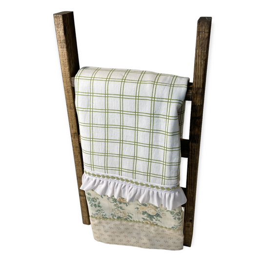 Green and White Vintage Kitchen Dish Towel | Retro Farmhouse Tea Towel with green flowers and embroidery stitching. - Home Stitchery Decor