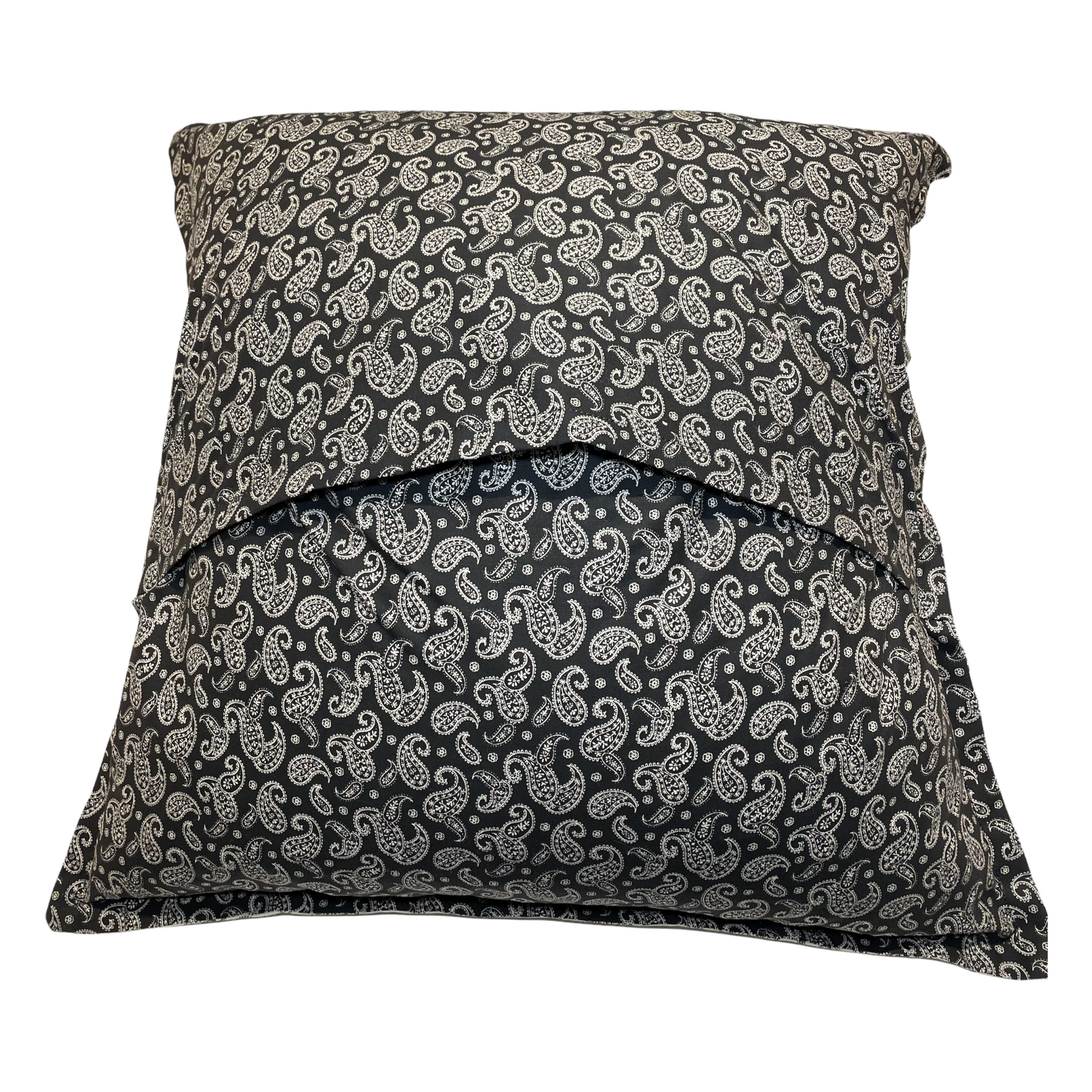 Throw Pillow Cover handcrafted in Canada by Home Stitcher Decor. Beige and black flowers on front and beige and black paisley design on back. 18x18 Pillow cover. Easily Change your Decor with decorative pillow covers.