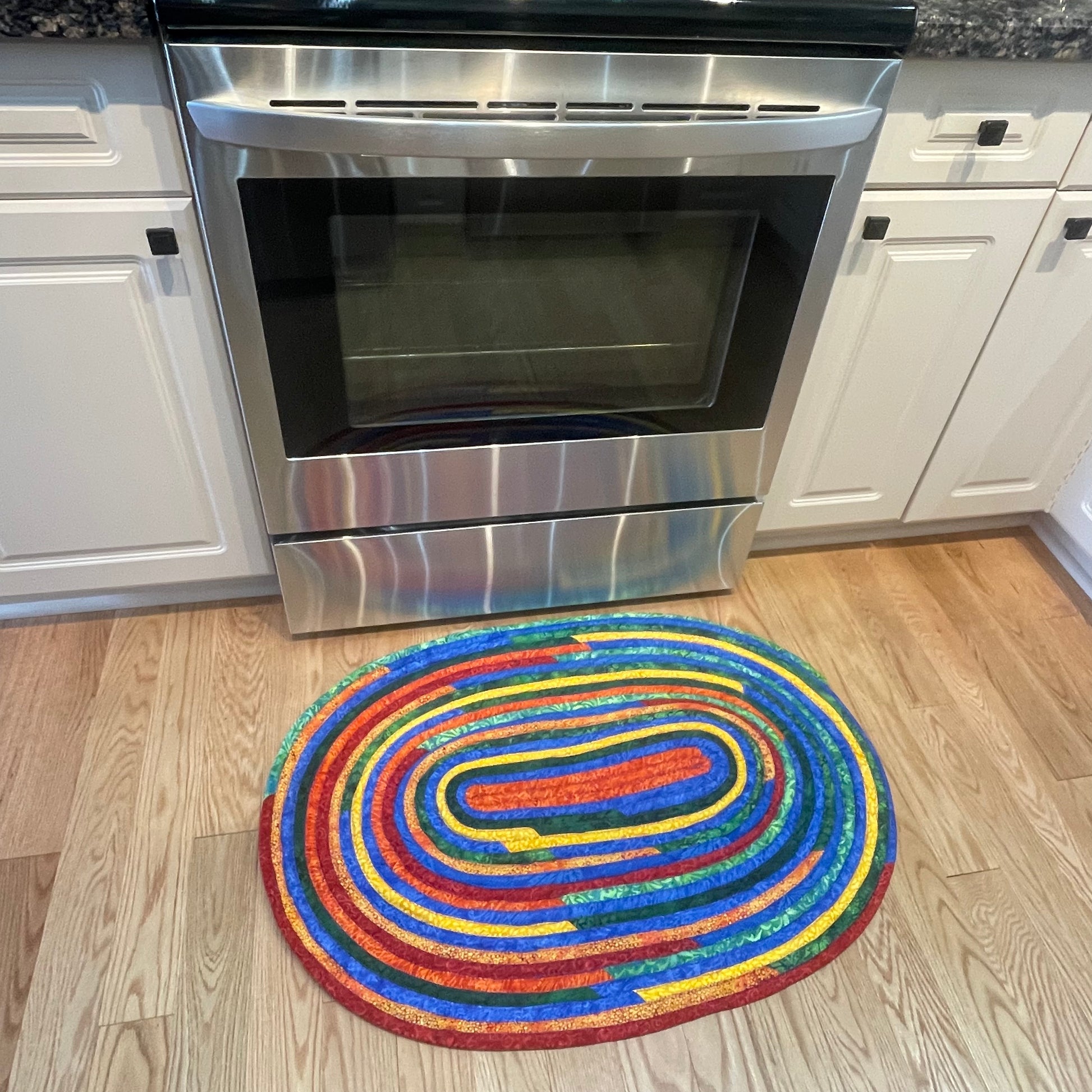 Vibrant Batiks Modern Farmhouse Jellyroll Rug. Washable Kitchen or Bathroom Accent Rug. Handmade in Canada - Home Stitchery Decor