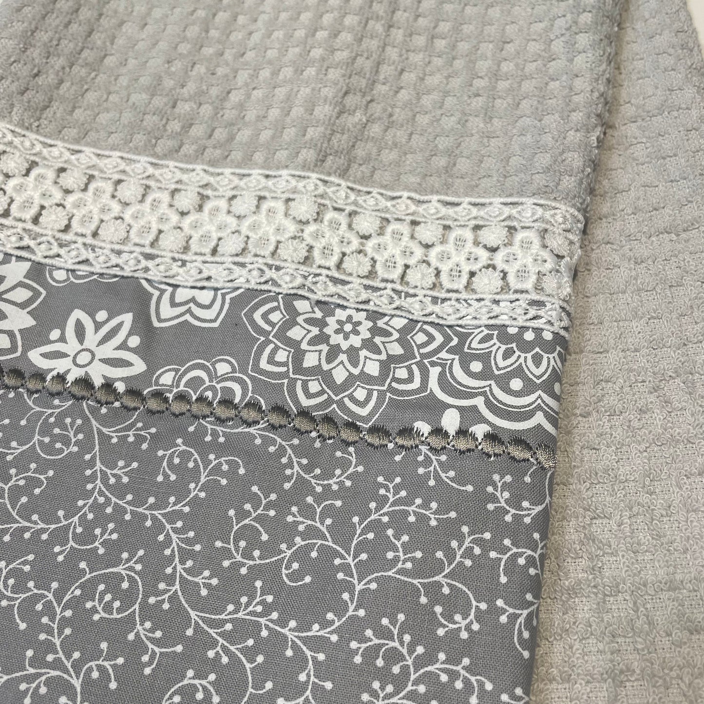 Grey Farmhouse Floral Tea Towel. Decorative Dish Towel - Home Stitchery Decor