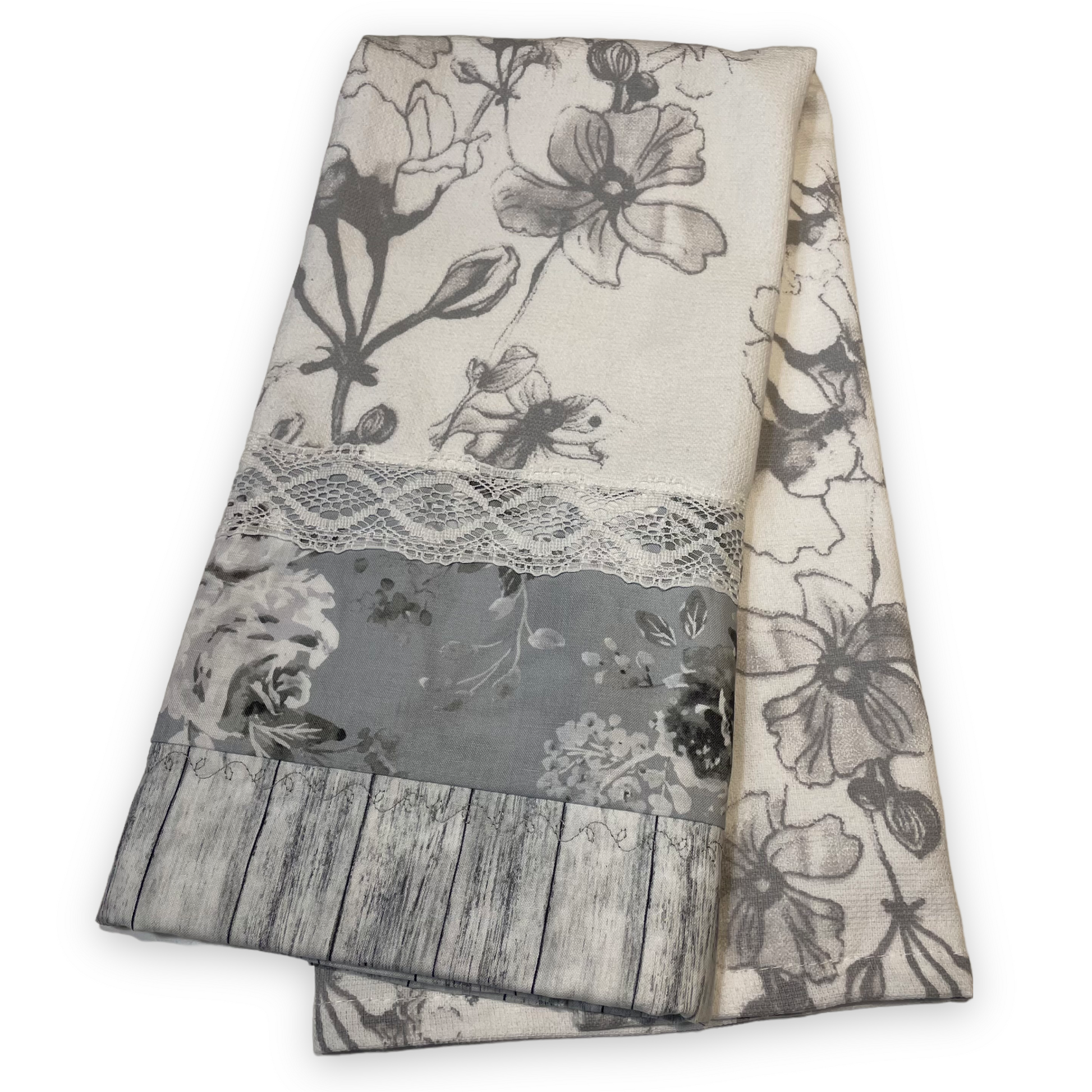 Grey and White Flowered Kitchen Tea Towel, Cute Modern Farmhouse Dish Towel - Home Stitchery Decor