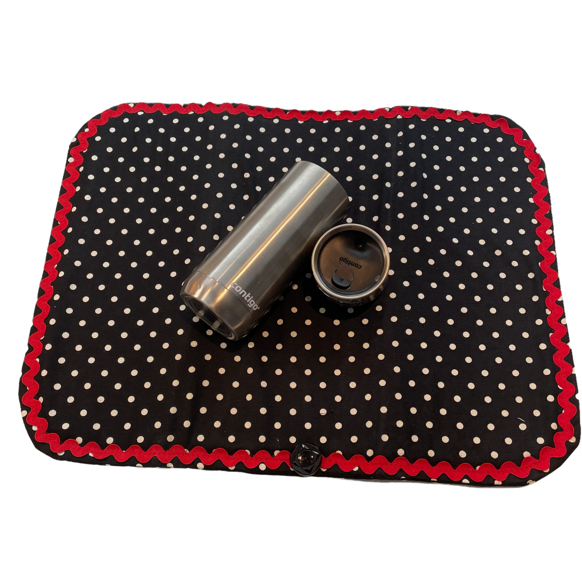 Retro Black and White Polka Dot Dish Drying Mat with Red and white trim and a black accent button. Vintage style kitchen decor for 21st century. Part of a mix and match collection so be sure to check out all the coordinating products. Handcrafted in Canada. Find out more on the Home Stitchery Decor YouTube Channel
