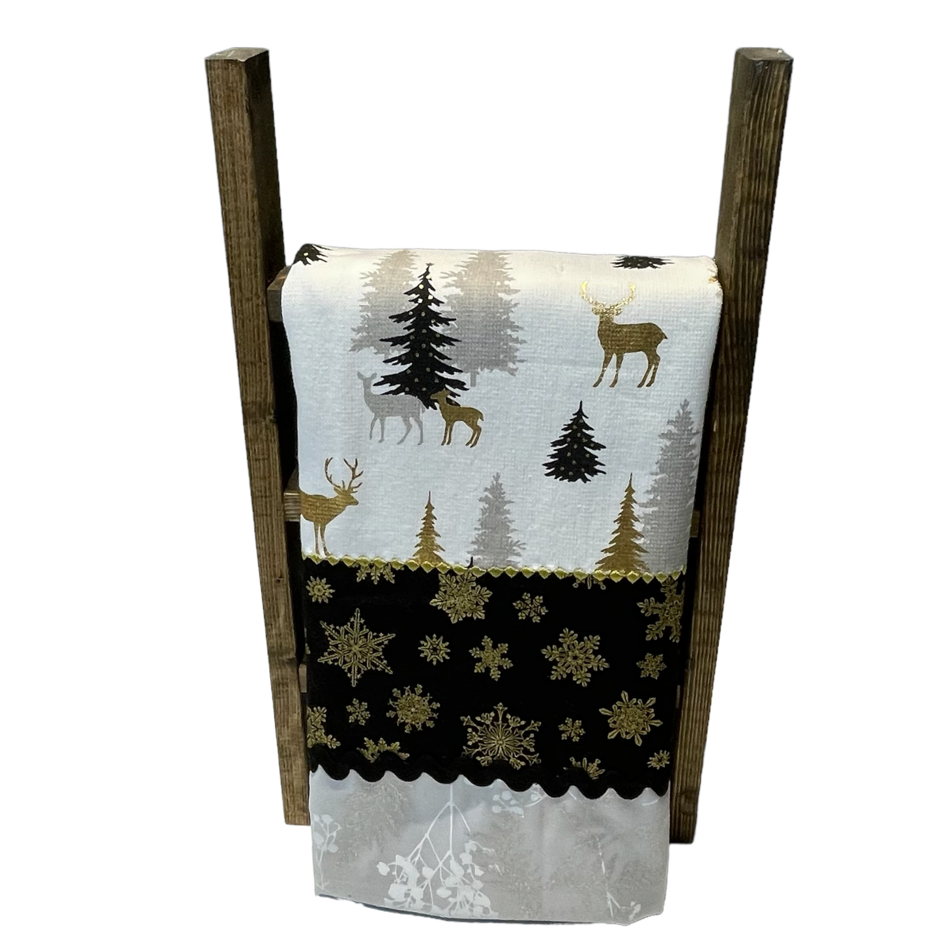 Black and Gold Christmas Dish Towel Featuring Reindeer, Christmas Trees and Snowflakes. Part of a mix and match collection of decor. Shop the look at Home Stitchery Decor and be sure to pop over to the Home Stitchery Decor YouTube Channel