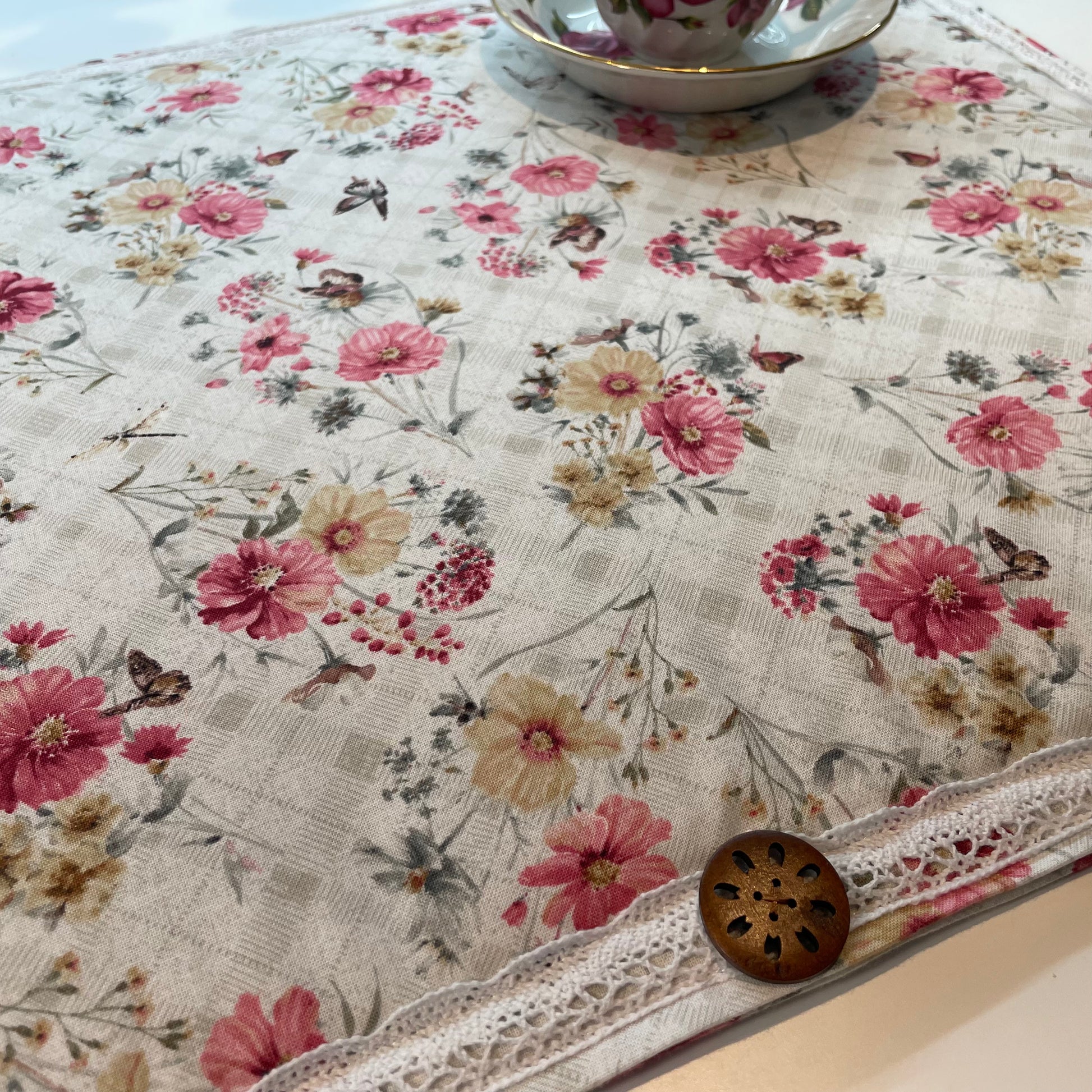 Pink and Cream Floral Kitchen Dish Drying Mat | County Kitchen Dish Mat - Home Stitchery Decor