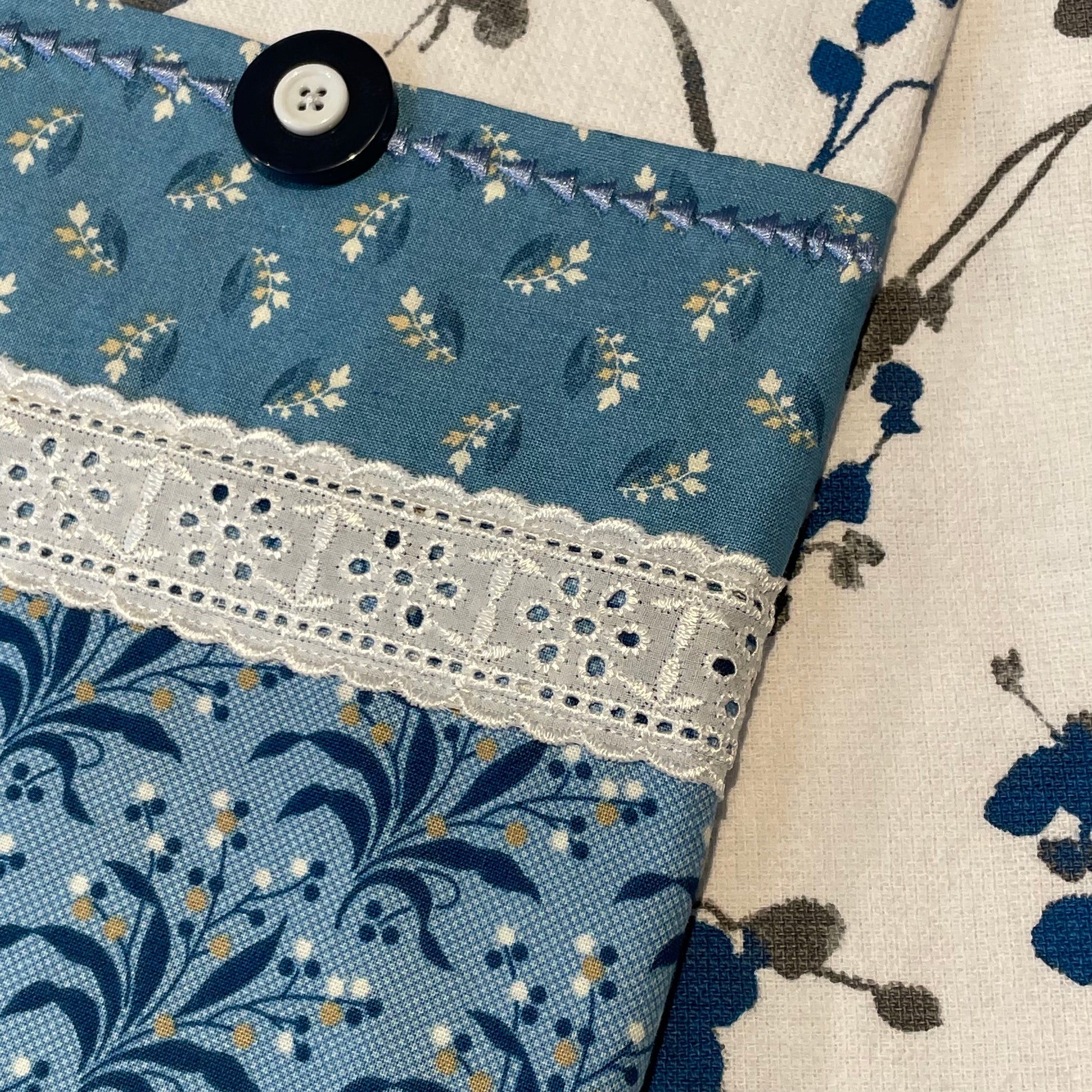 Blue and White Handmade Modern Farmhouse Tea Towel. Part of a mix and match collection of coordinating farmhouse home decor. Check it out at Home Stitchery Decor and be sure to check out the Home Stitchery Decor YouTube Channel