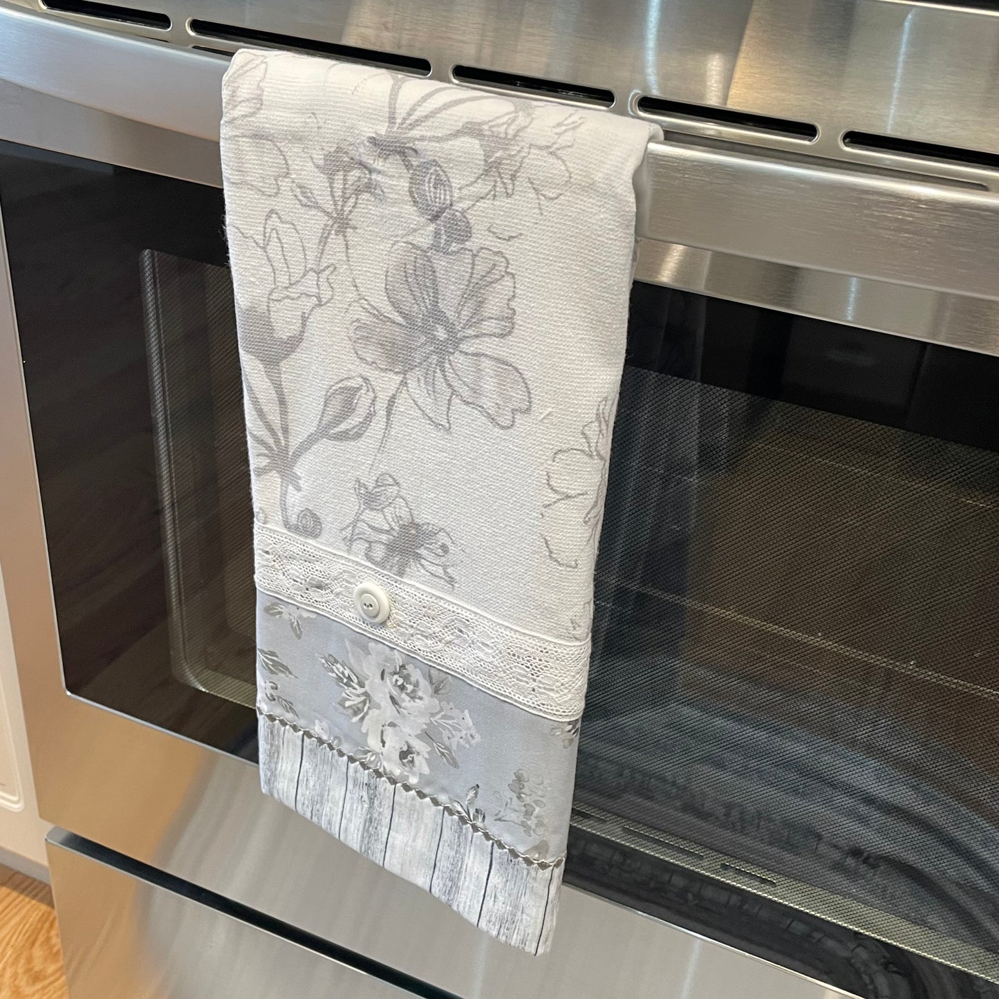 Grey and White Kitchen Dish Towel, Cute Handcrafted Modern Farmhouse Tea Towel - Home Stitchery Decor