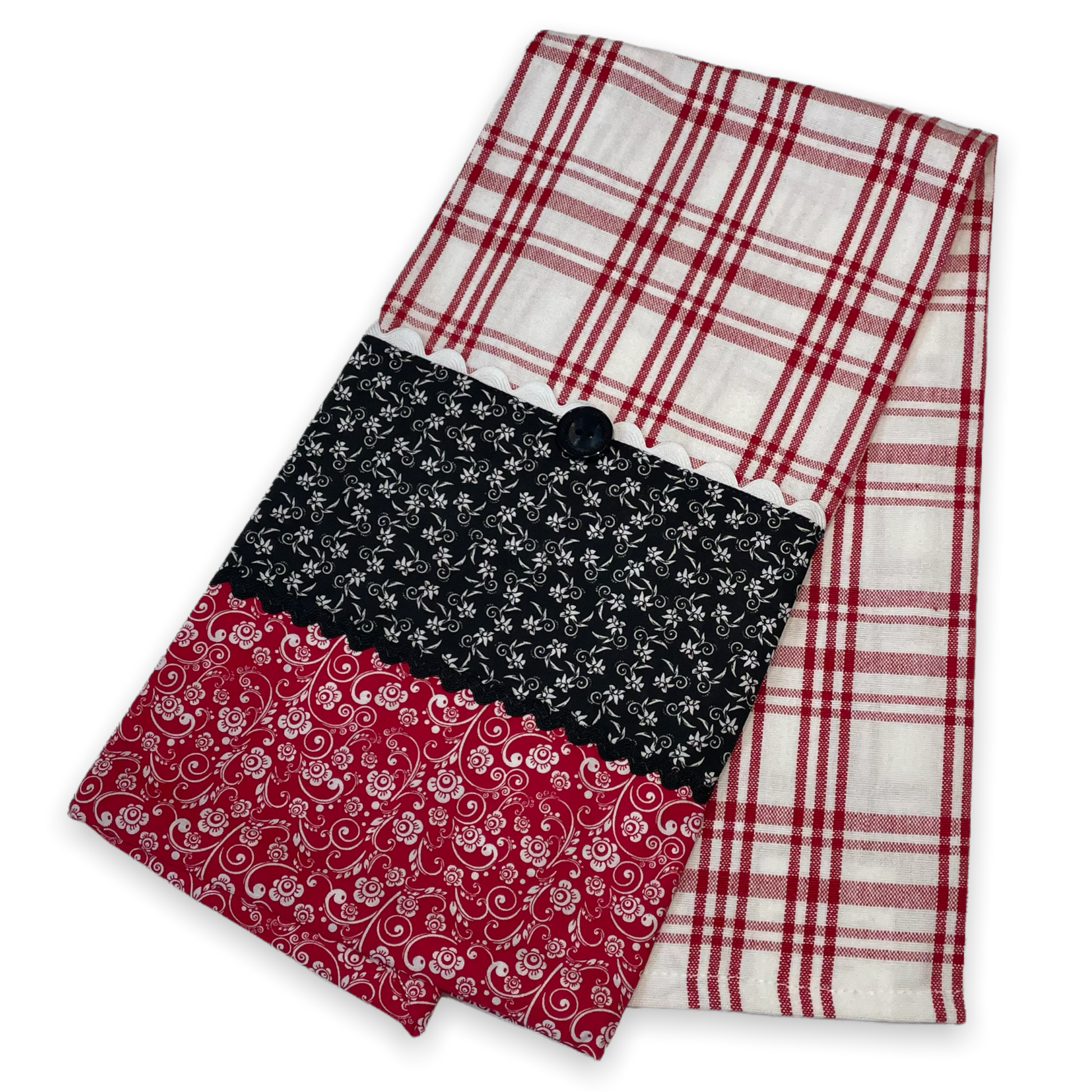 Country Style Dish Towel in Red and White check toweling with black and red quilting cotton. Featuring Black Ric Rac and button embellishments. Part of a mix and match line of farmhouse fabulous decor. Browse the entire collection. Then check out the Home Stitchery Decor YouTube Channel
