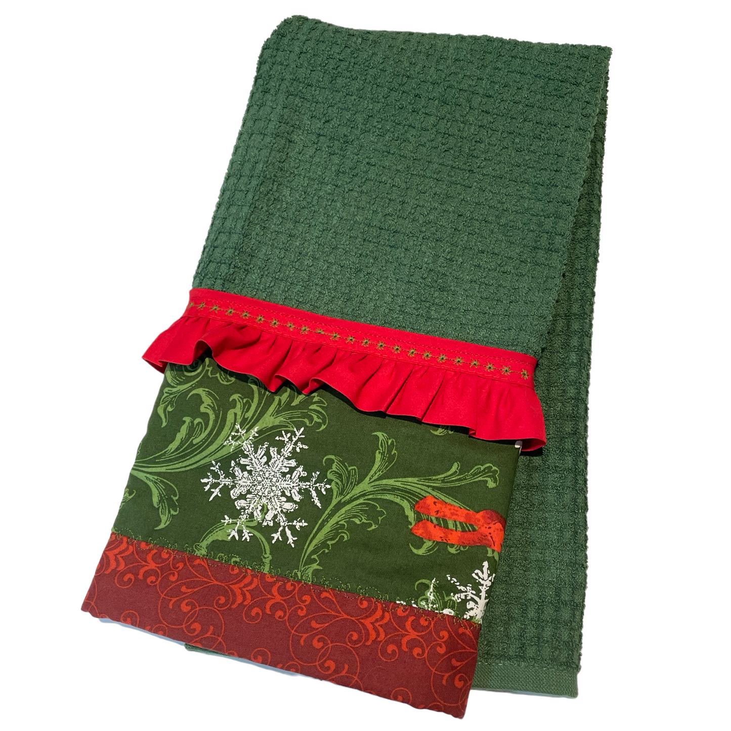 Christmas Kitchen Dish Towel, Cute Green and Red Christmas Tea Towel - Home Stitchery Decor