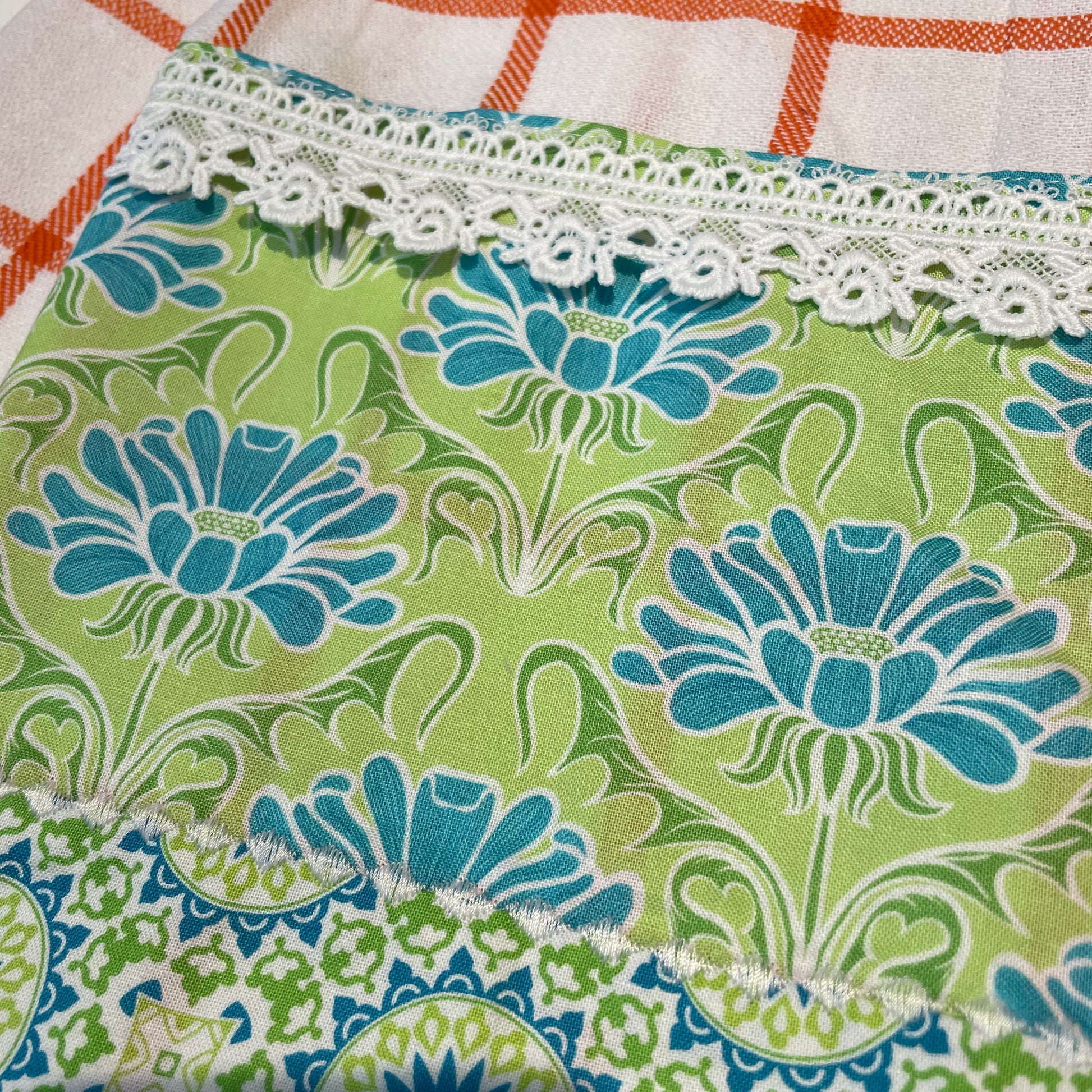 Cute Retro Decorative Dish Towel. Orange and White Checked Tea Towel with Handcrafted Accents - Home Stitchery Decor