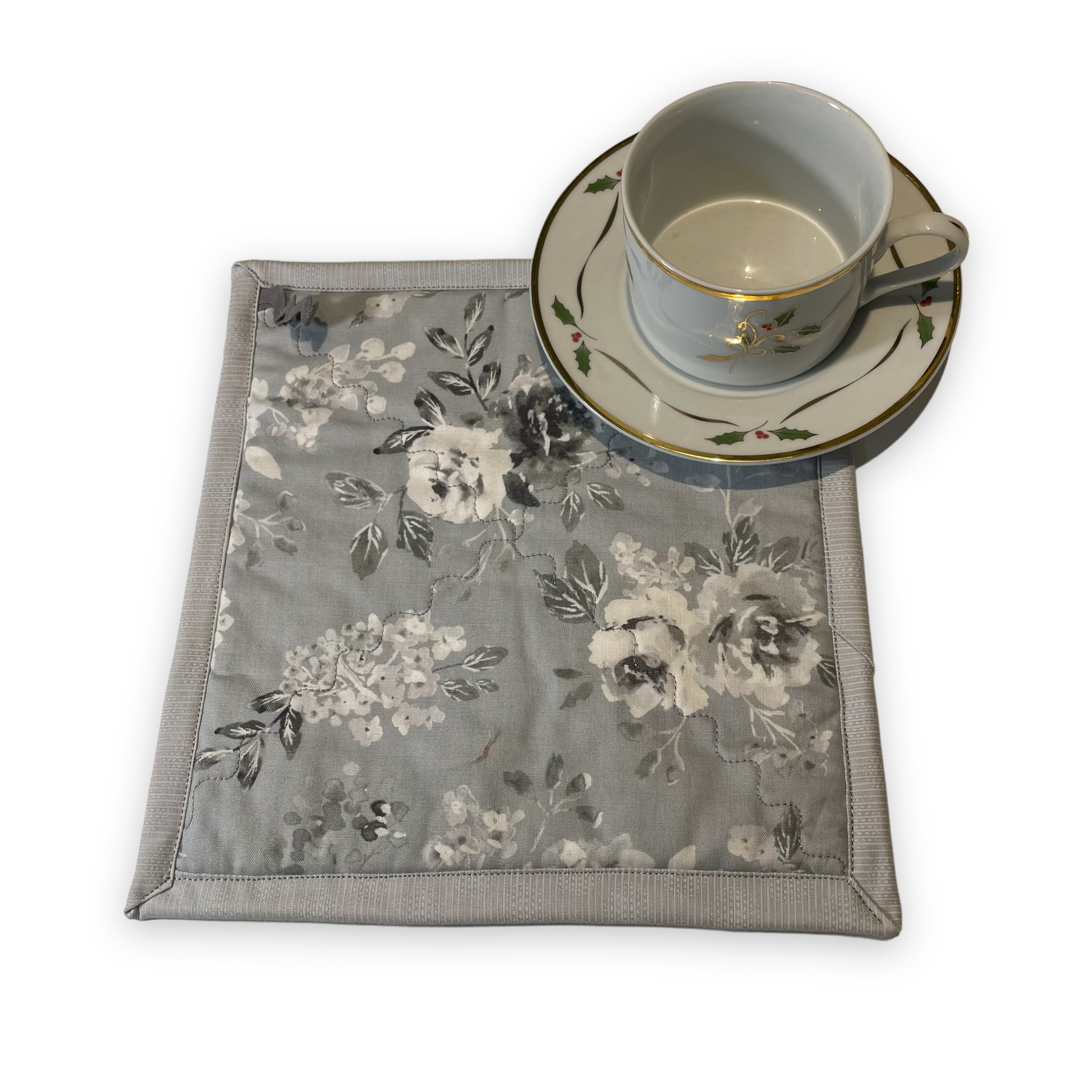 Grey and White Floral Potholder - Home Stitchery Decor