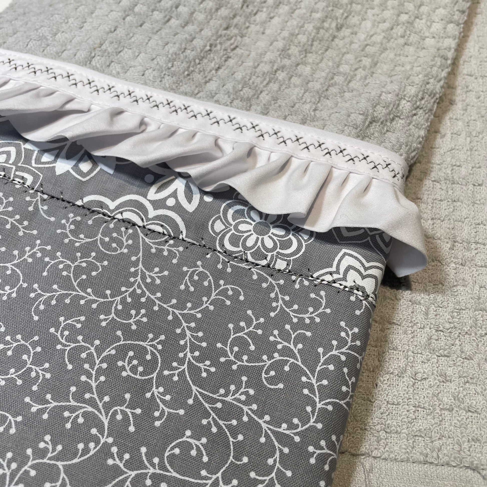 Grey and White Modern Farmhouse Floral Tea Towel. Decorative Dish Towel With Handcrafted Accents - Home Stitchery Decor