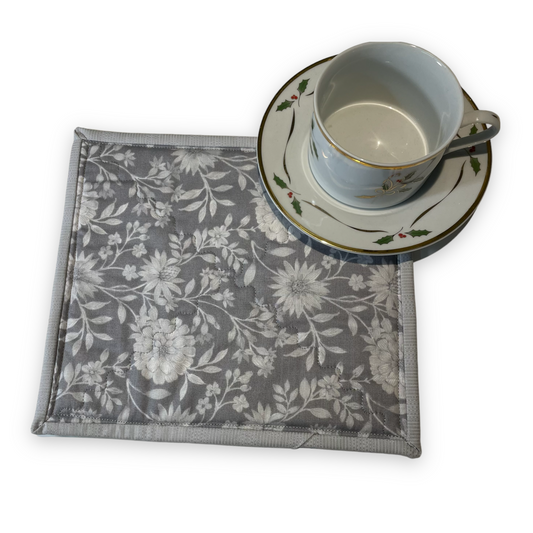 Grey and White Floral Pot Holder - Home Stitchery Decor