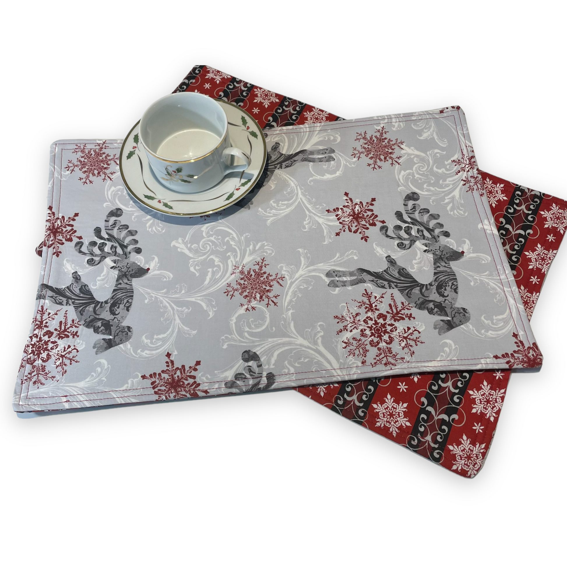 Set of Two Christmas Dinner Placemats, Reversible Set of Christmas Placeats - Home Stitchery Decor