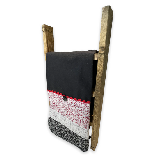 Farmhouse dish towel. Black cotton toweling with quilting cotton accents. Featuring red Ric Rac, wide white polyester lace and button embellishments. Part of a mix and match farmhemian home accents decor line. Browse all the collections online. And be sure to tune into the Home Stitchery Decor YouTube Channel for fabulous fun farmhouse DIY Decor tutorials. 