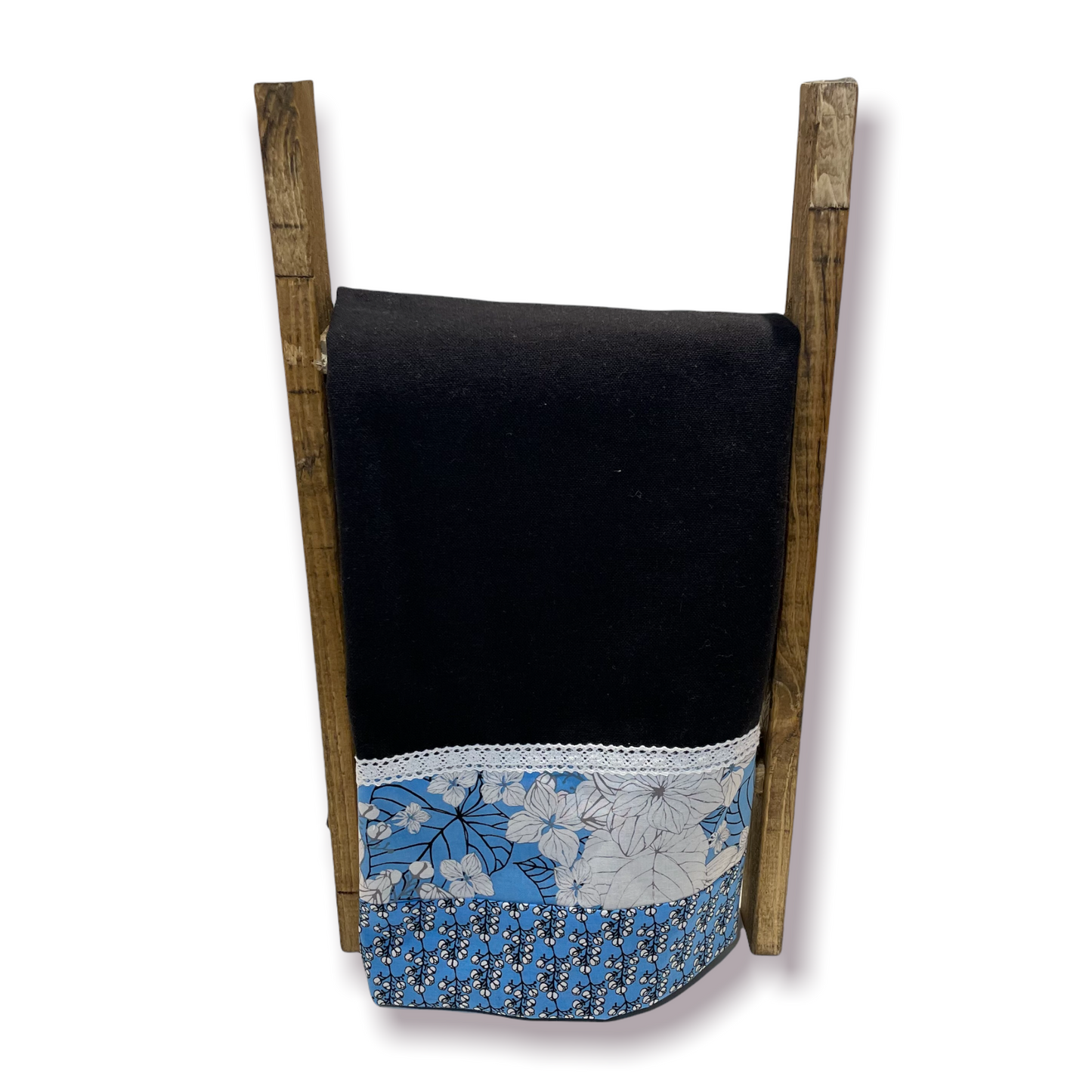 Blue and Black decorative dish towel for your kitchen. Black toweling with blue and white flower cotton accent material. White cotton lace trim. Handcrafted by Home Stitchery Decor. Find your favorite or watch tutorials on the Home Stitchery Decor YouTube Channel and make your own! 
