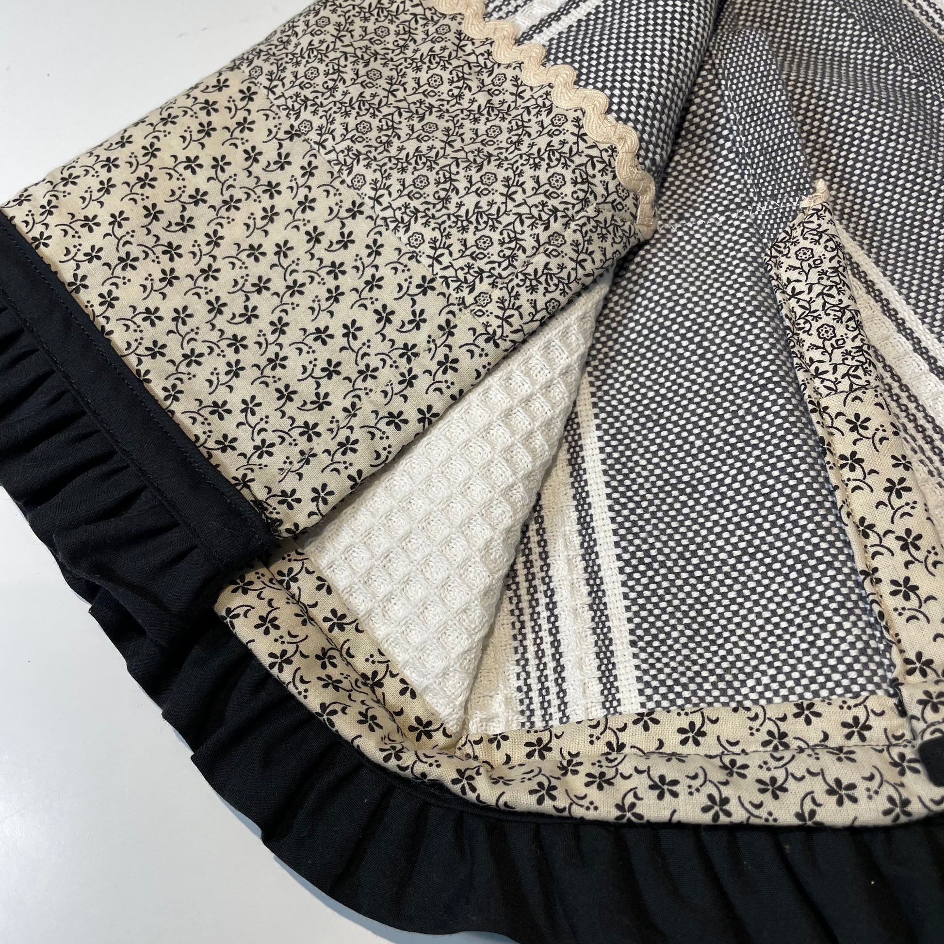 Vintage Black and Cream Kitchen Dish Towel, Handcrafted Tea Towel - Home Stitchery Decor