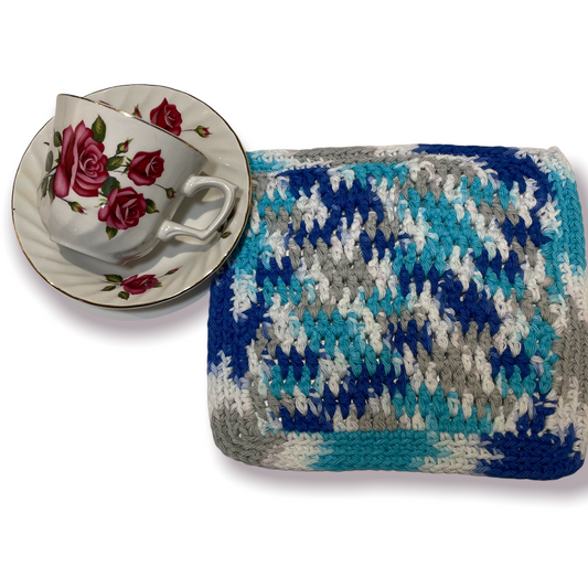 Blue Cotton Crotched Kitchen Dish Cloth. Part of a collection of coordinated farmhouse style kitchen and home decor. Mix and match your favorite kitchen linens. Or follow along on the Home Stitchery Decor YouTube Channel which features sewing, crotcheting and Cricut Mandala tutorials. 