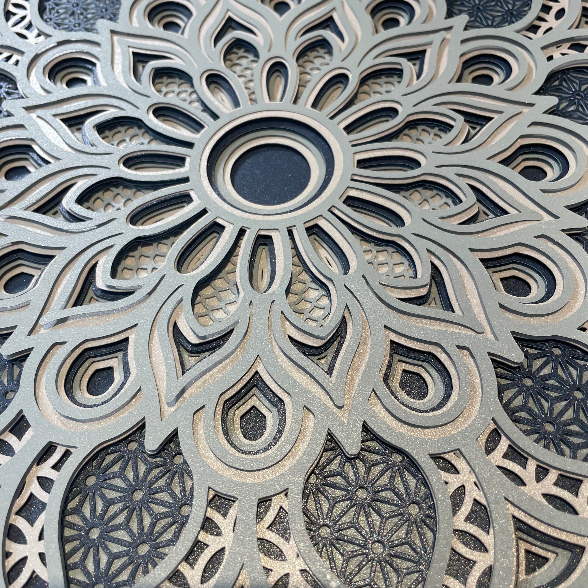 Close up view of intricate details of layered 3d Mandala design by Home Stitchery Decor. 3d layered Mandala files for Cricut