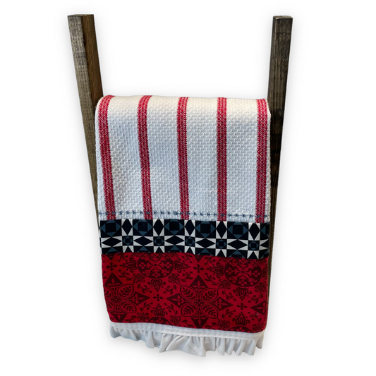 Red and White Handcrafted Kitchen Dish Towel, Modern Farmhouse Tea Towel - Home Stitchery Decor