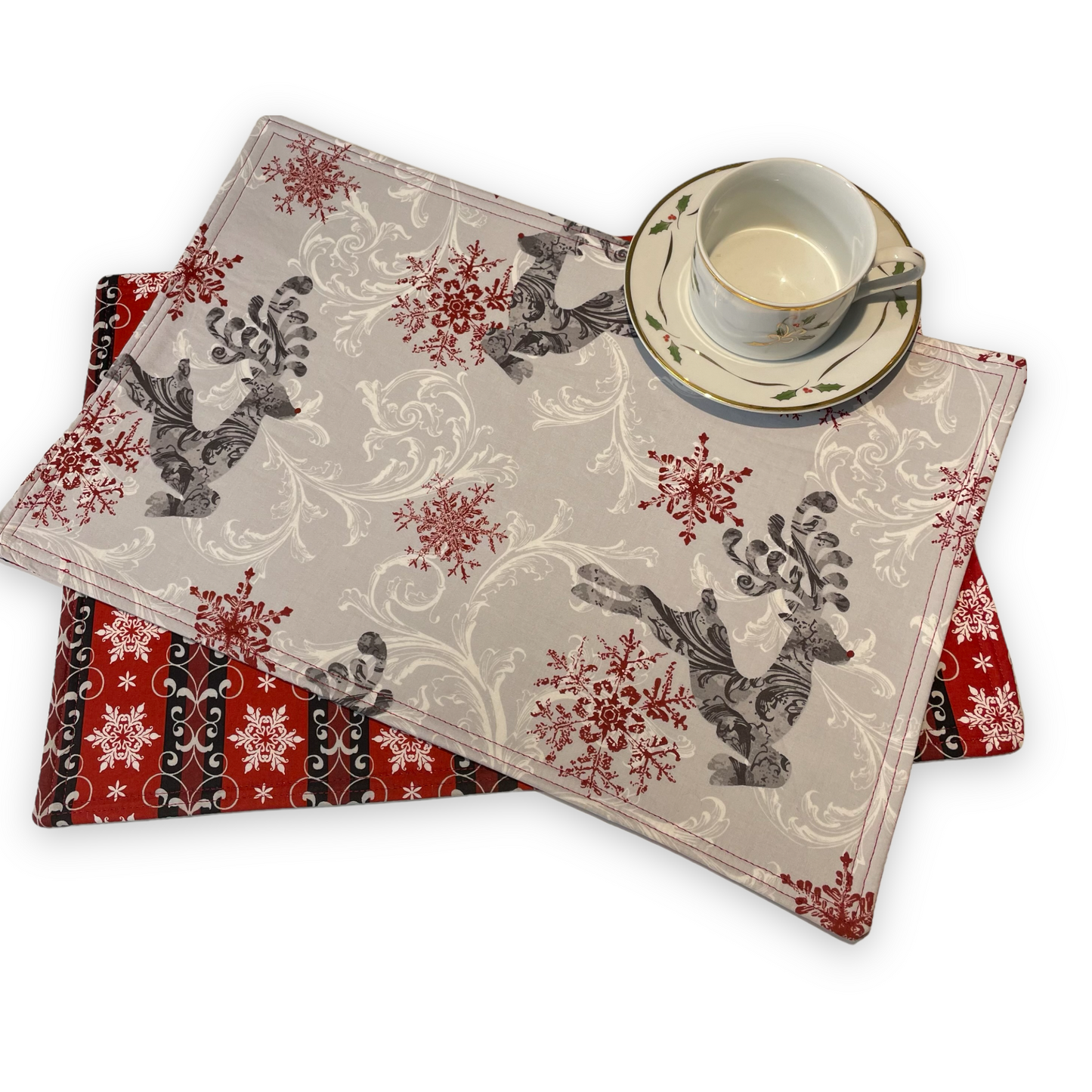 Set of Two Christmas Dinner Placemats, Reversible Set of Christmas Placeats - Home Stitchery Decor