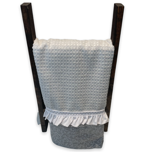 Grey and White Modern Farmhouse Floral Tea Towel. Decorative Dish Towel With Handcrafted Accents - Home Stitchery Decor