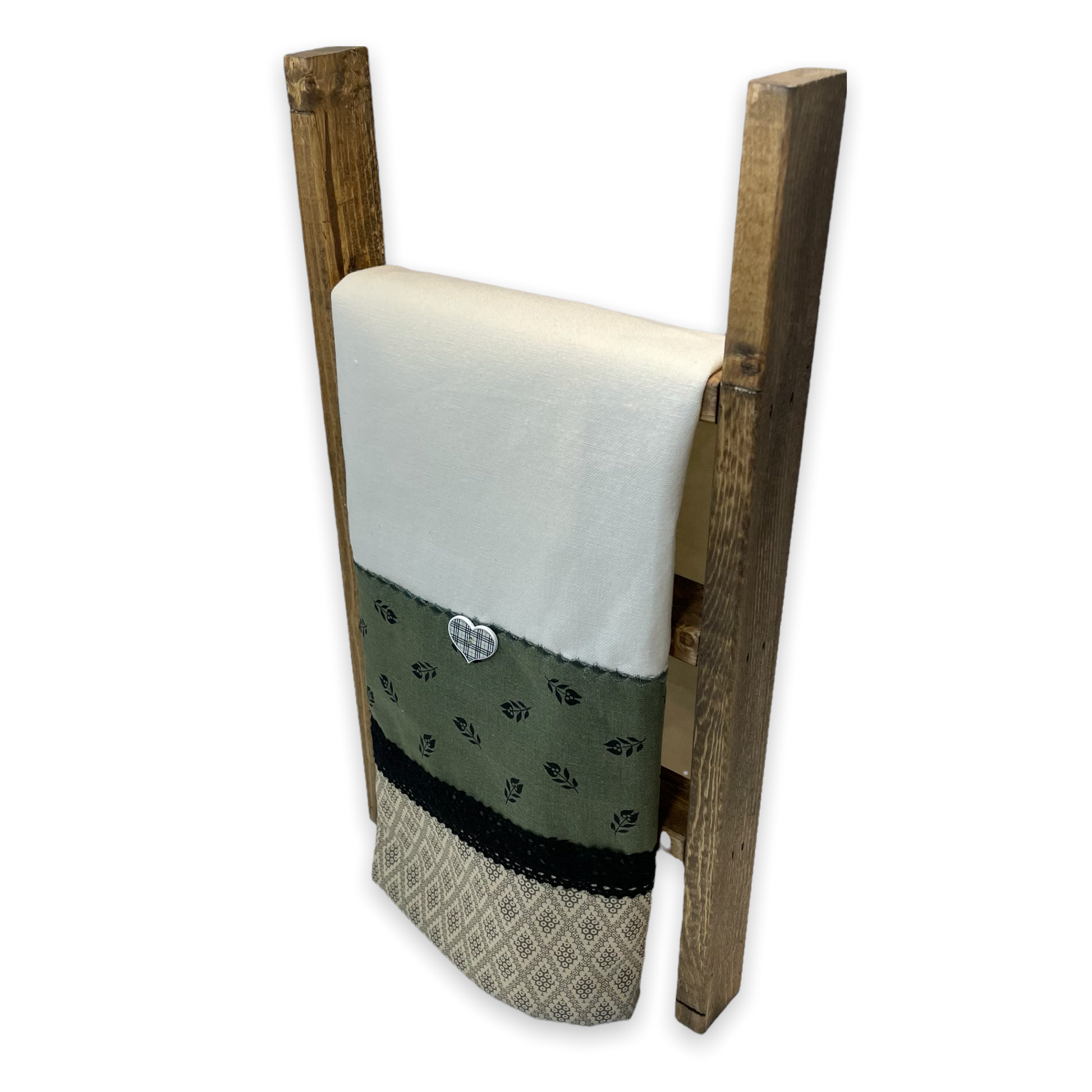 Vintage styled farmhouse dish towel. Cream cotton towel with green quilting cotton accents. Featuring black cotton lace trim, a gingham button and embroidery stitching. Part of a mix and match collection, browse your favorites! Then check out the Home Stitchery Decor YouTube Channel for more fabulous Farmhouse Fun DIY