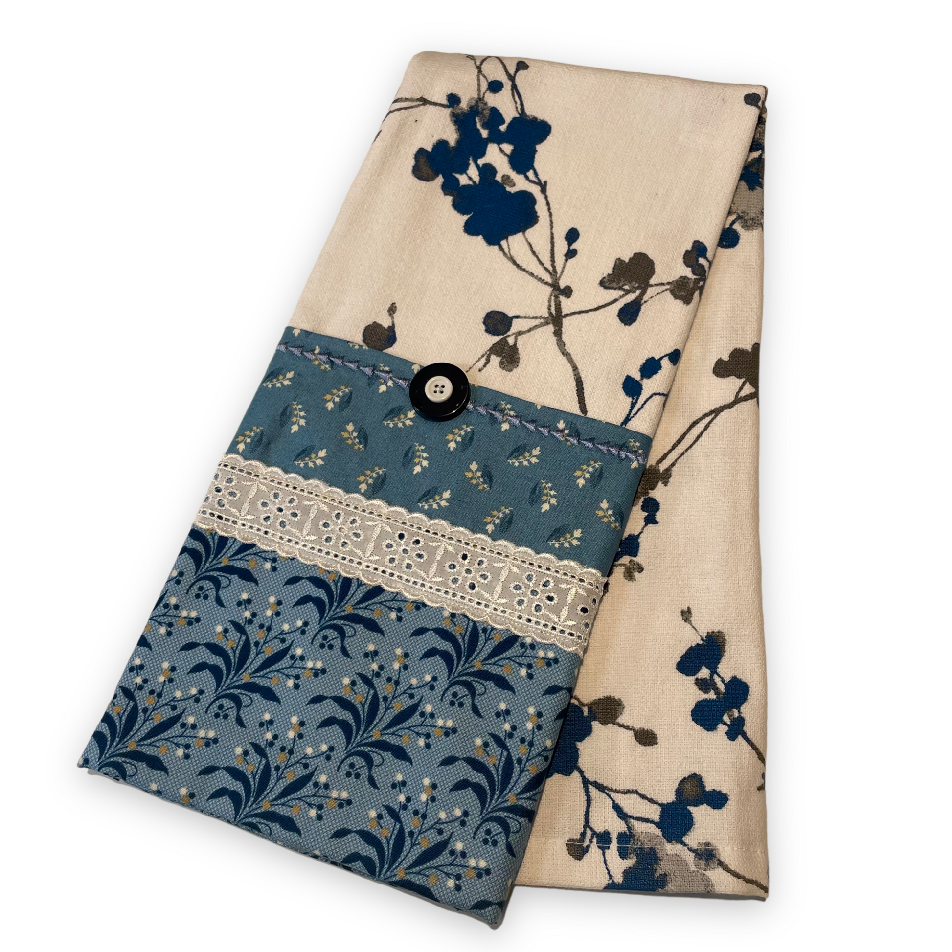 Blue and White Handmade Modern Farmhouse Tea Towel. Part of a mix and match collection of coordinating farmhouse home decor. Check it out at Home Stitchery Decor and be sure to check out the Home Stitchery Decor YouTube Channel