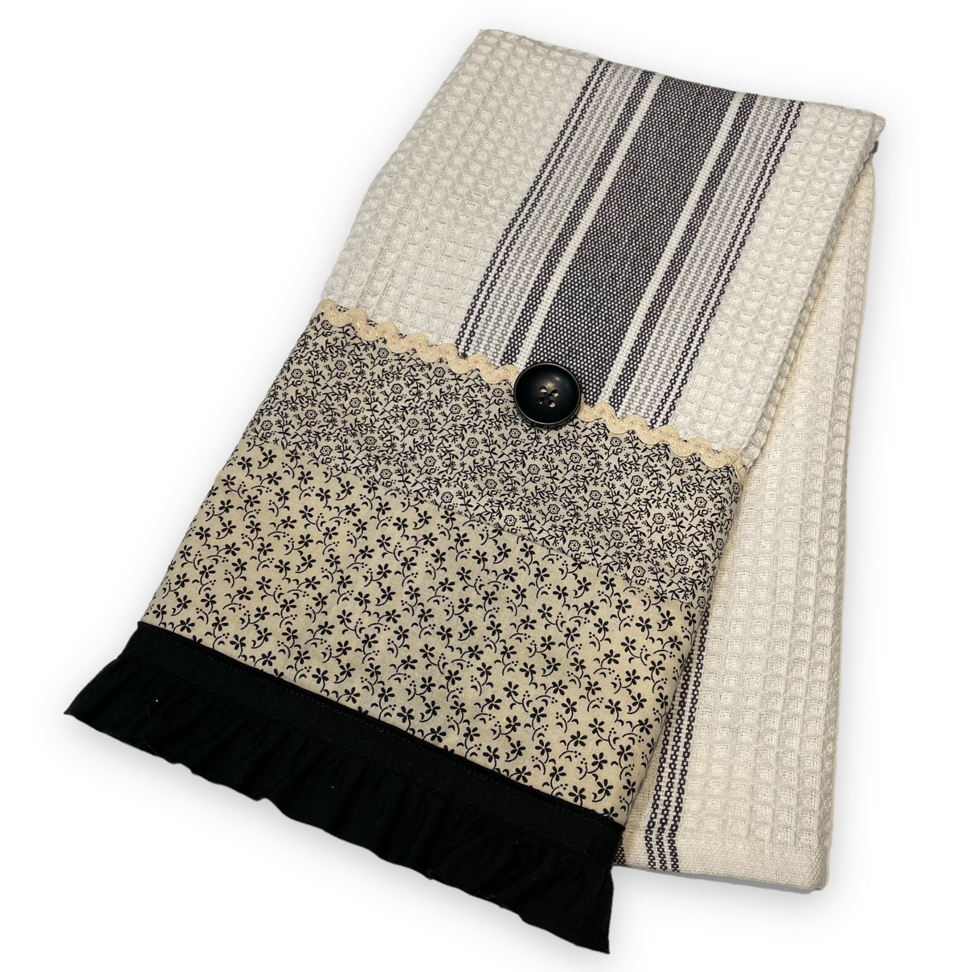 Vintage Black and Cream Kitchen Dish Towel, Handcrafted Tea Towel - Home Stitchery Decor