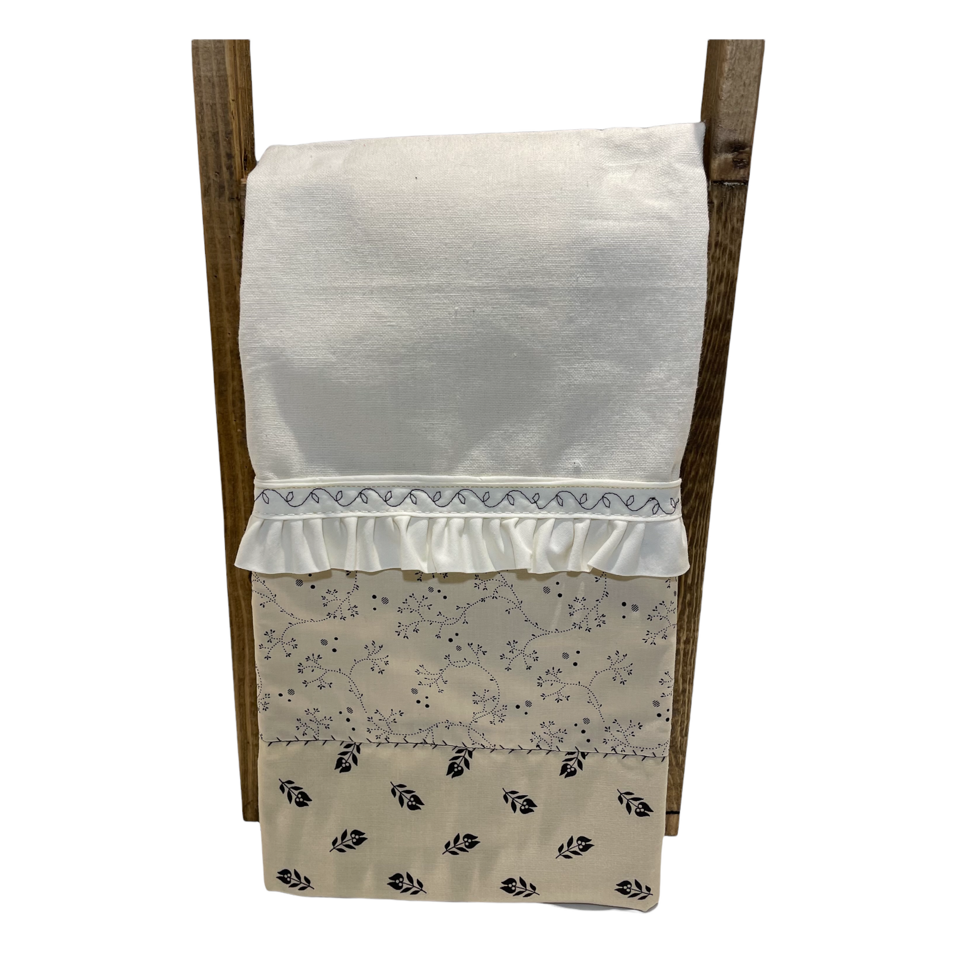 Handcrafted in Canada Farmhouse Style Dish Towel with black flowers on a beige cotton towel and embroidery details.  Purchase this product or learn to make your own on the Home Stitchery Decor YouTube Channel.  Part of a coordinating product line. 