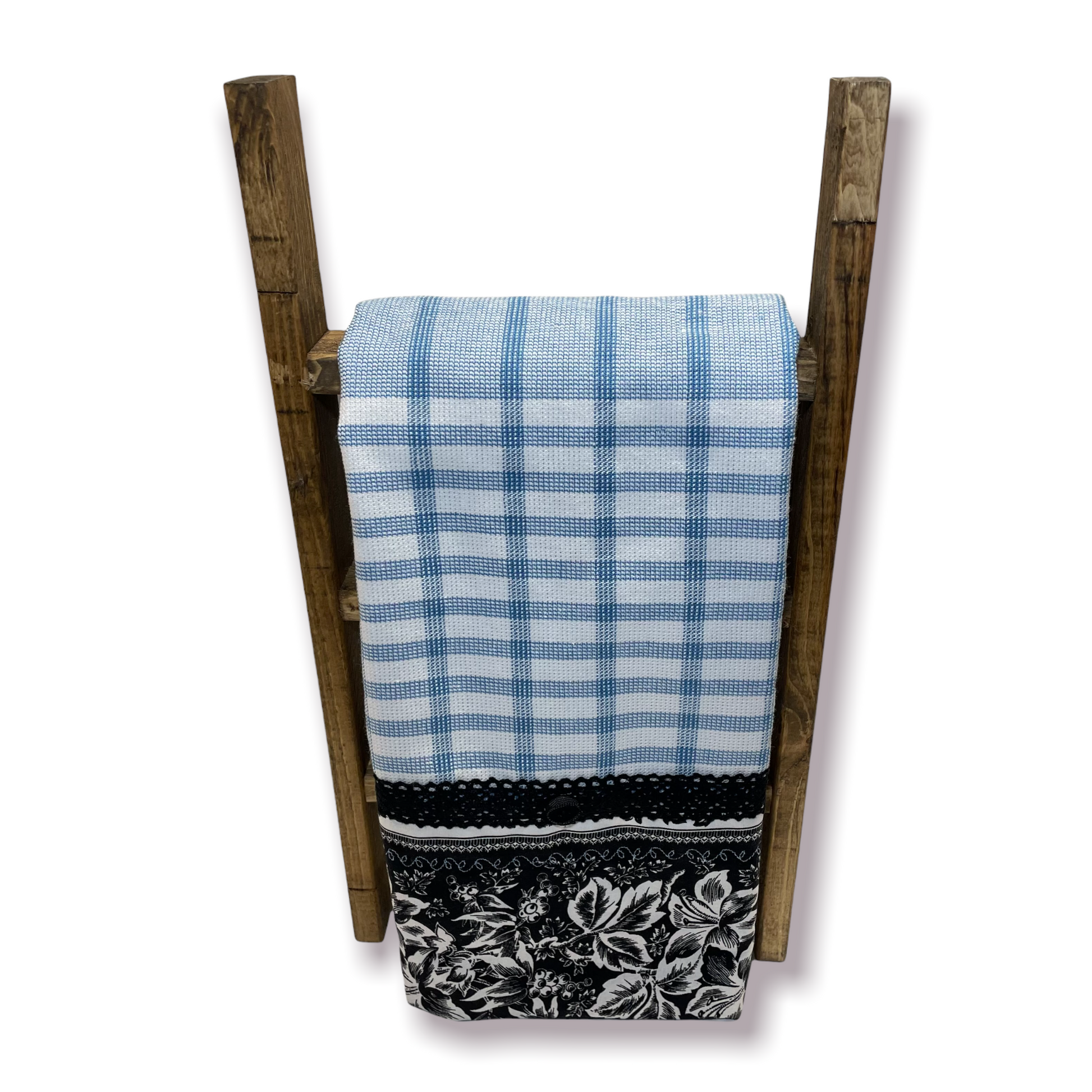 Blue and Black decorative tea towel handcrafted in Canada. Blue Embroidery Stitching, Black Cotton Lace Trim and Black button. Purchase your favorite or learn to make your own with tutorials on the Home Stitchery Decor YouTube Channel.