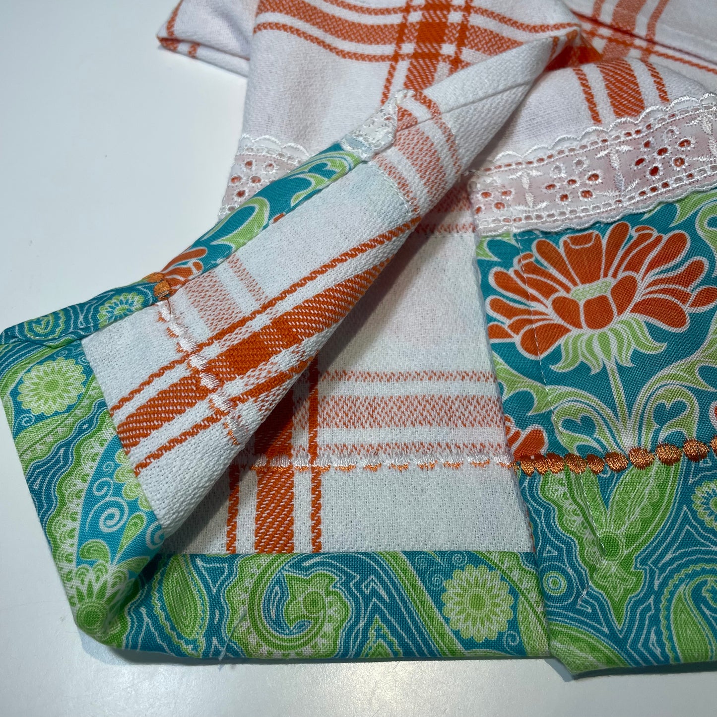 Orange and White Checked Modern Farmhouse Tea Towel with Handcrafted Accents - Home Stitchery Decor