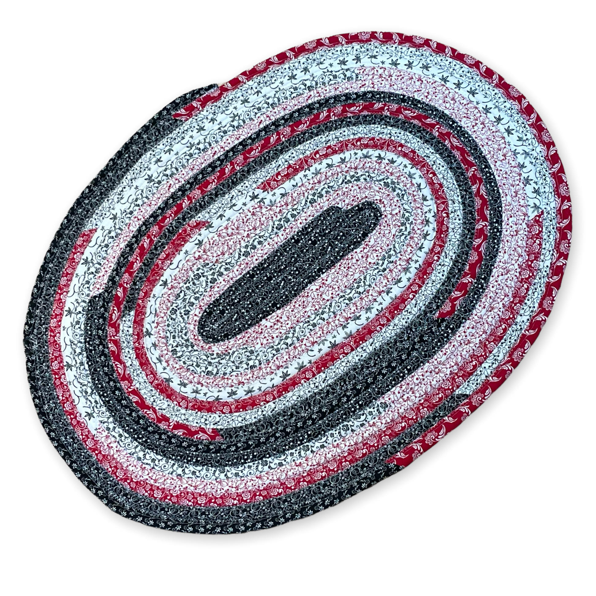Red white and black flower print rug. Washable kitchen accent rug made with quality quilting cotton and cotton/poly fill. Part of a mix and match collection of coordinated modern farmhouse kitchen decor. Shop the entire catalogue or follow along on the Home Stitchery Decor YouTube Channel. 