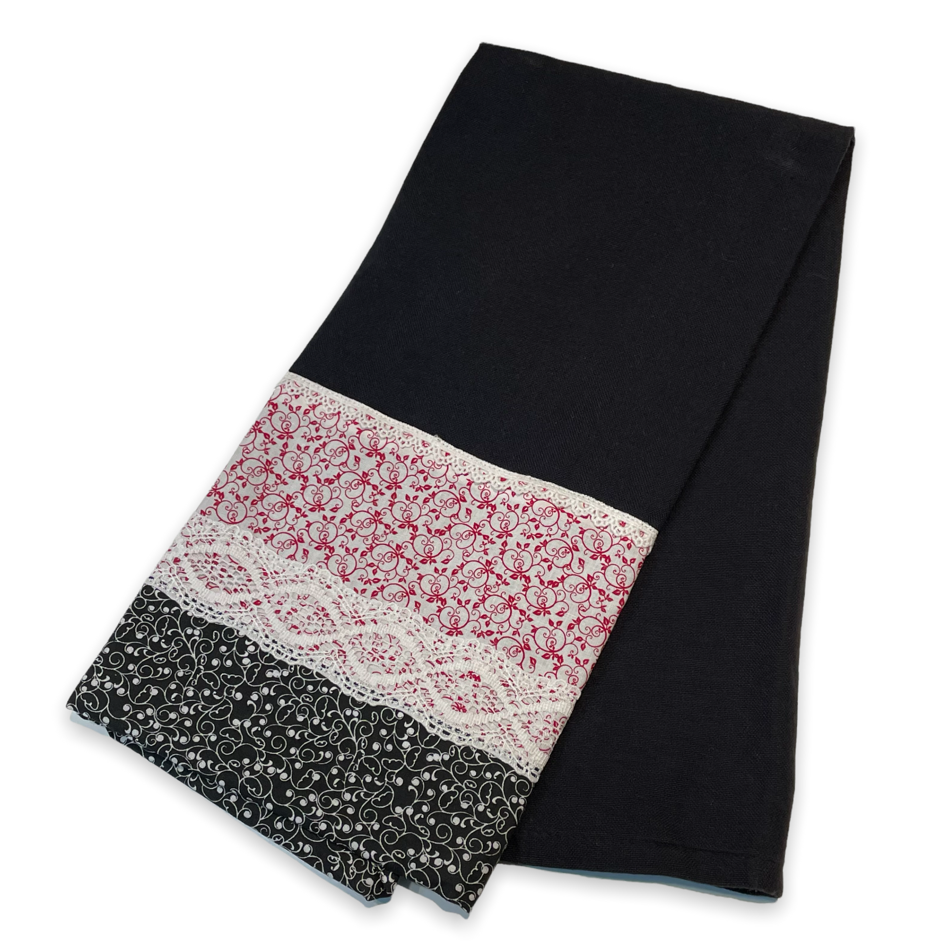 Red and Black modern farmhouse dish towel. Black cotton toweling with quilt cotton accents. Featuring white cotton trim, and wide white polyester lace trim. Part of a mix and match collection of coordinating farmhemian decor. Browse the collections or follow along with DIY decor tutorials on the Home Stitchery Decor YouTube Channel. Thanks for shopping local!