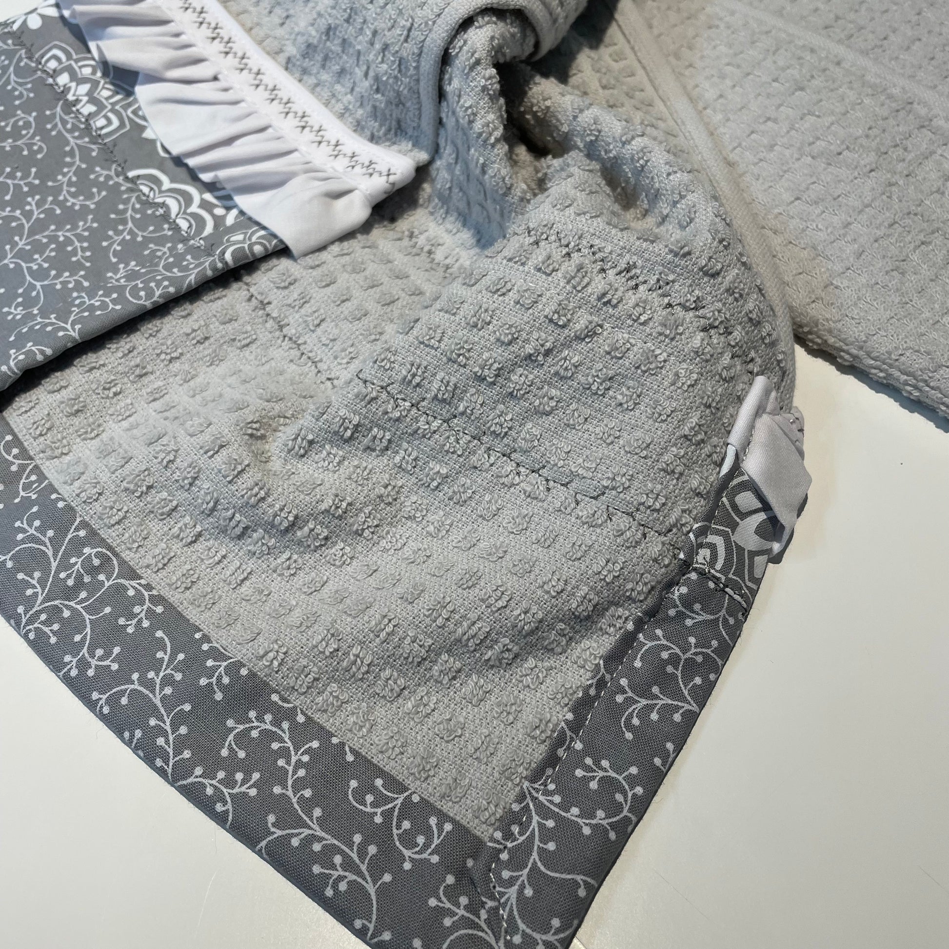 Grey and White Modern Farmhouse Floral Tea Towel. Decorative Dish Towel With Handcrafted Accents - Home Stitchery Decor