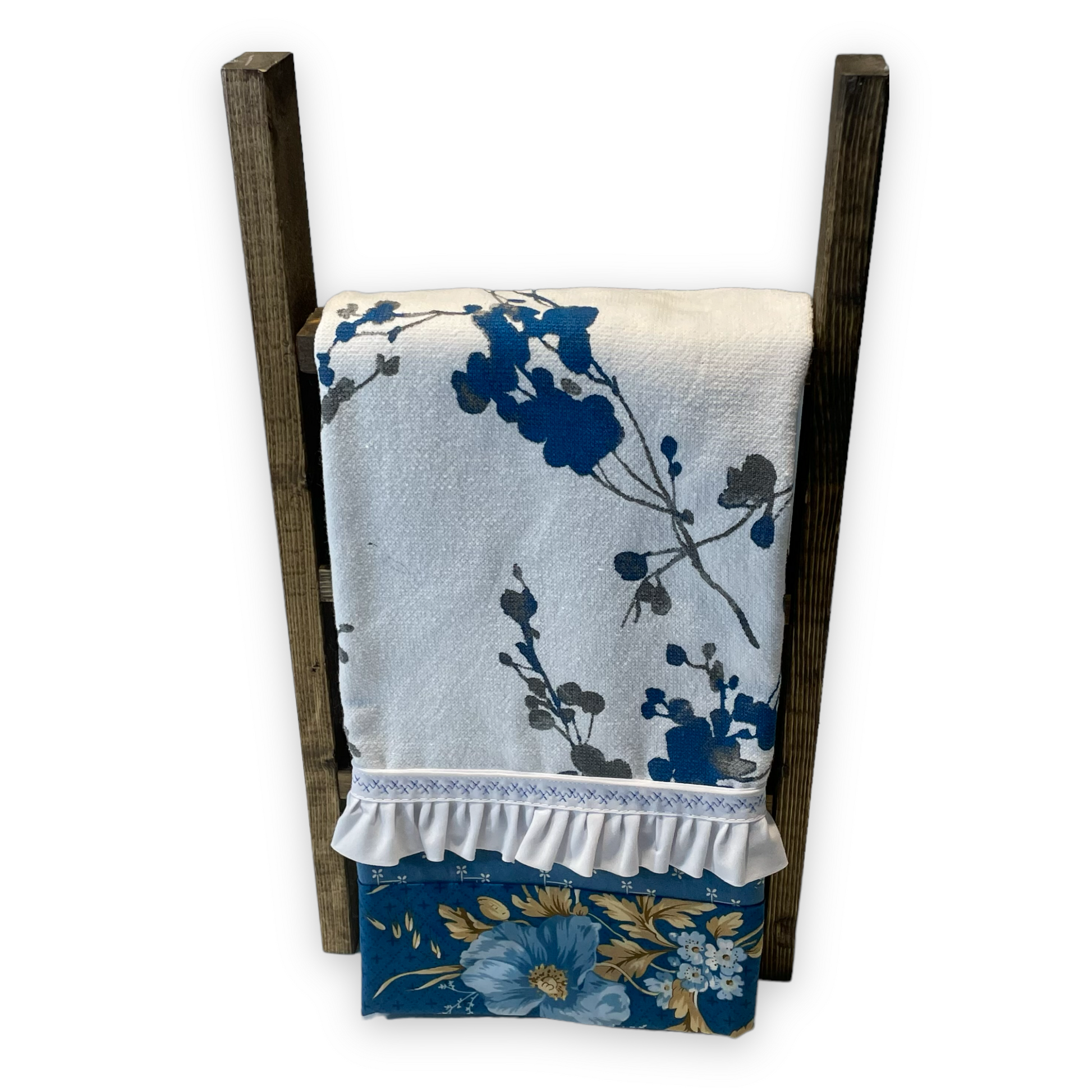 Blue and White Handmade Modern Farmhouse Tea Towel. Part of a mix and match collection of coordinating farmhouse home decor. Check it out at Home Stitchery Decor and be sure to check out the Home Stitchery Decor YouTube Channel