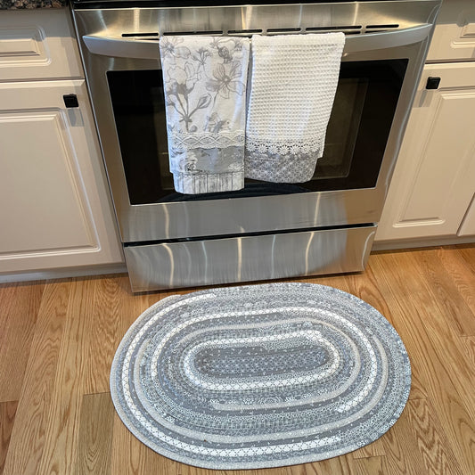 Grey and White Modern Farmhouse Kitchen Accent Rug. Can be used as a luxury bathmat, or bedside rug. Washable, Cotton and made in Canada with globally sourced supplies. Matching dish towels and shower curtains also available. Check out the Home Stitchery Decor YouTube Channel.