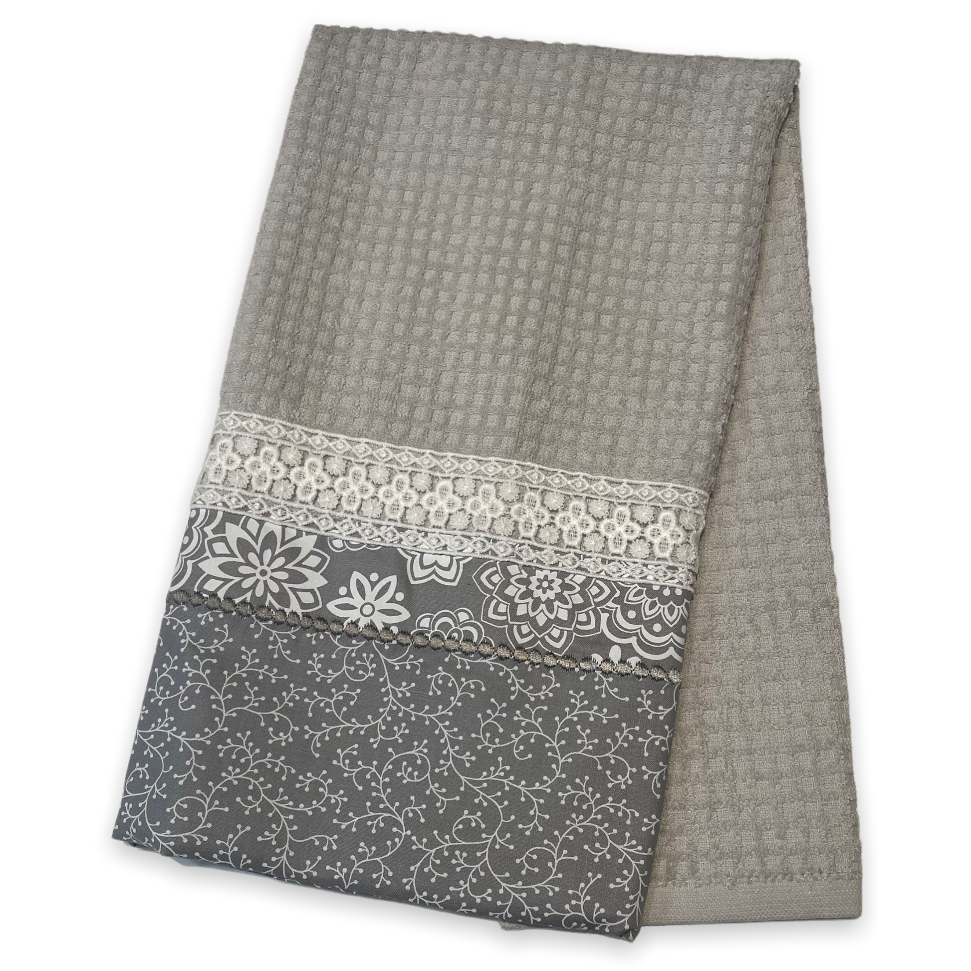 Grey Farmhouse Floral Tea Towel. Decorative Dish Towel - Home Stitchery Decor