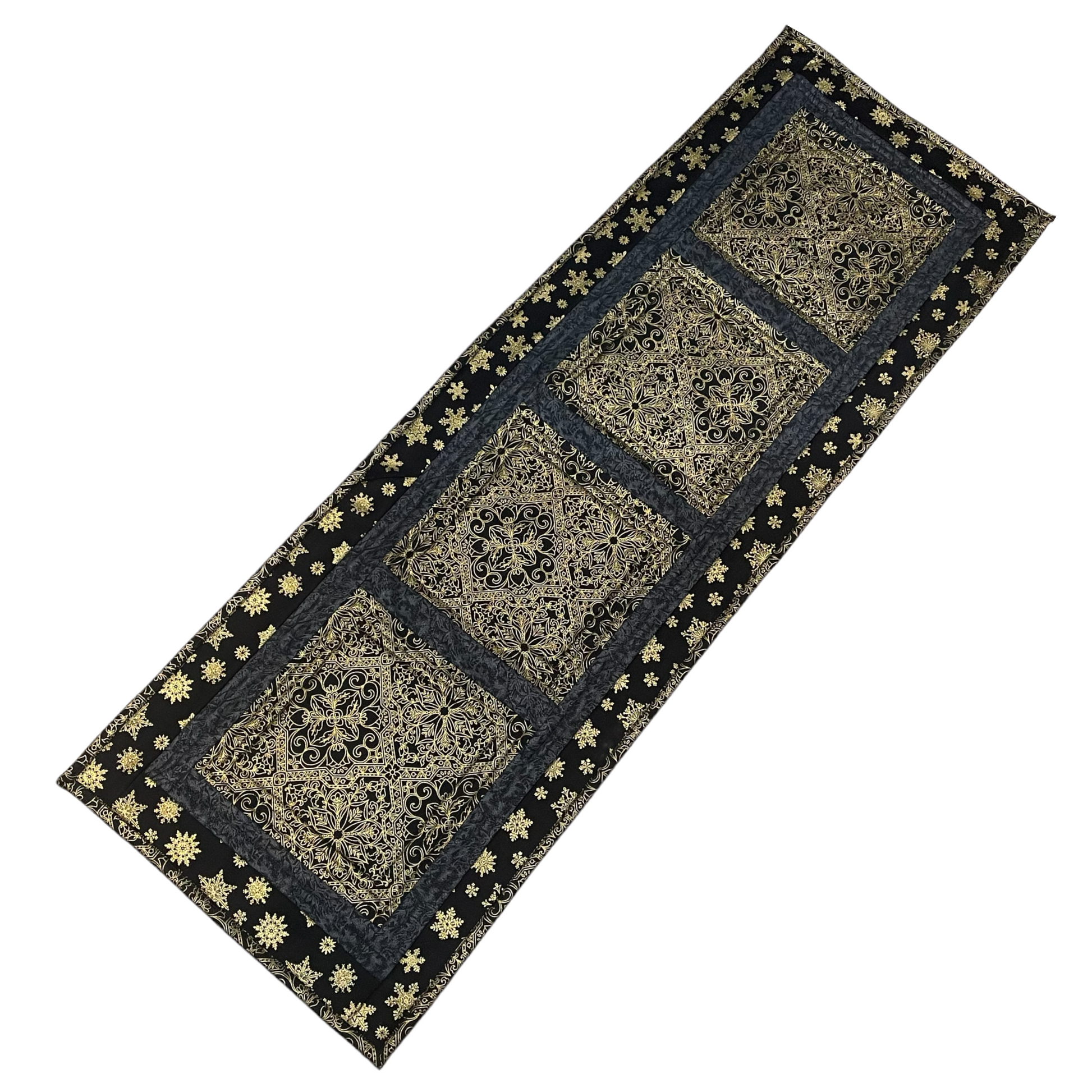 Black and Gold Christmas Table Runner, Quilted Christmas Table Runner - Home Stitchery Decor