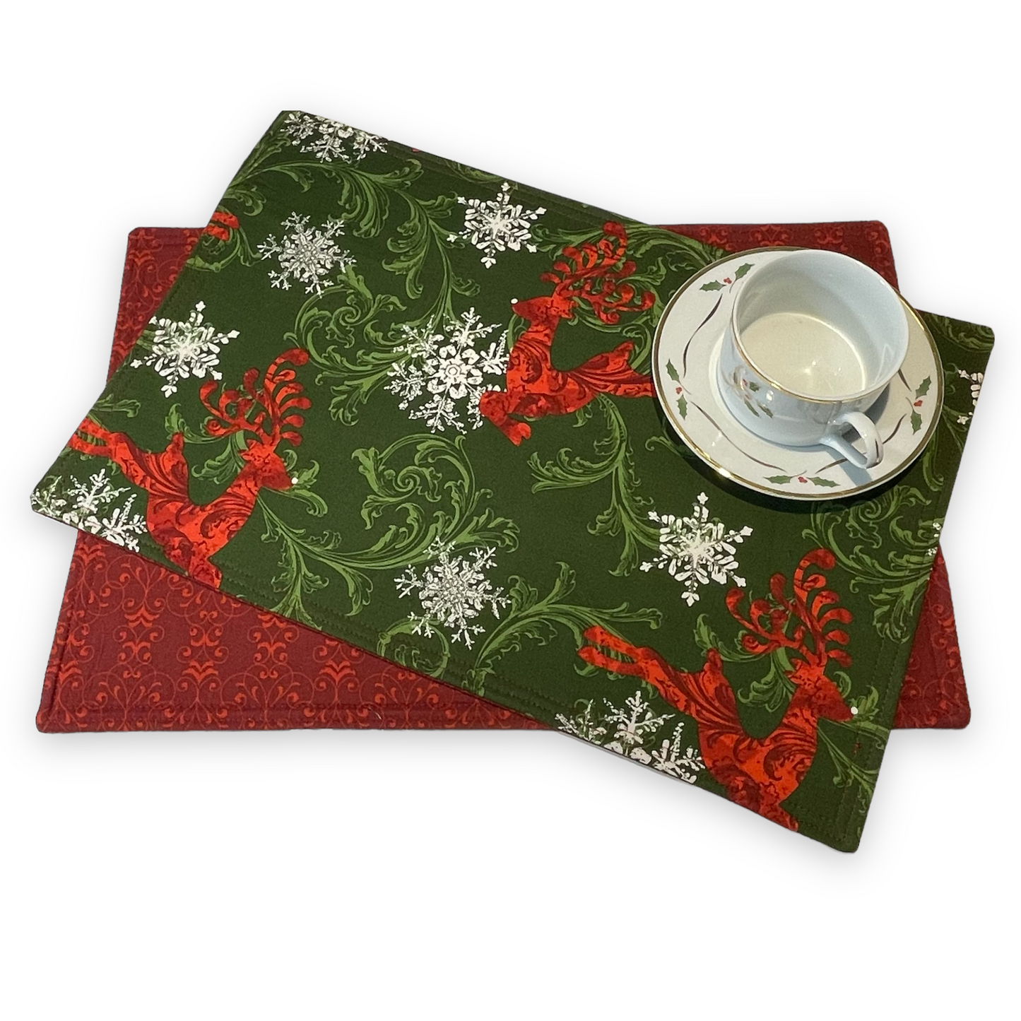 Two Christmas Reindeer Placemats, Christmas Kitchen Table Placemats, Christmas Dinner Table Decor - Home Stitchery Decor