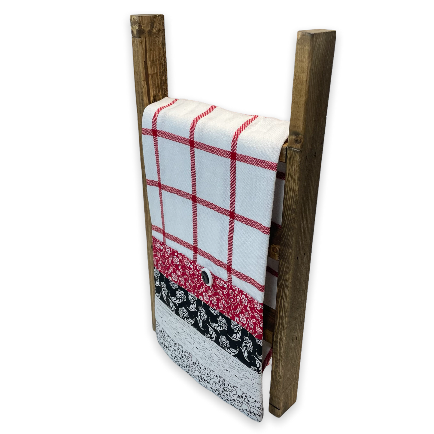 Red and white country style dish towel. Featuring red and white checked toweling; red white and black quilt cotton accents and white cotton lace trim and a double button embellishment. Part of a mix and match collection of coordinated farmhouse fabulous decor. Browse the collections and be sure to check out the Home Stitchery Decor YouTube Channel.
