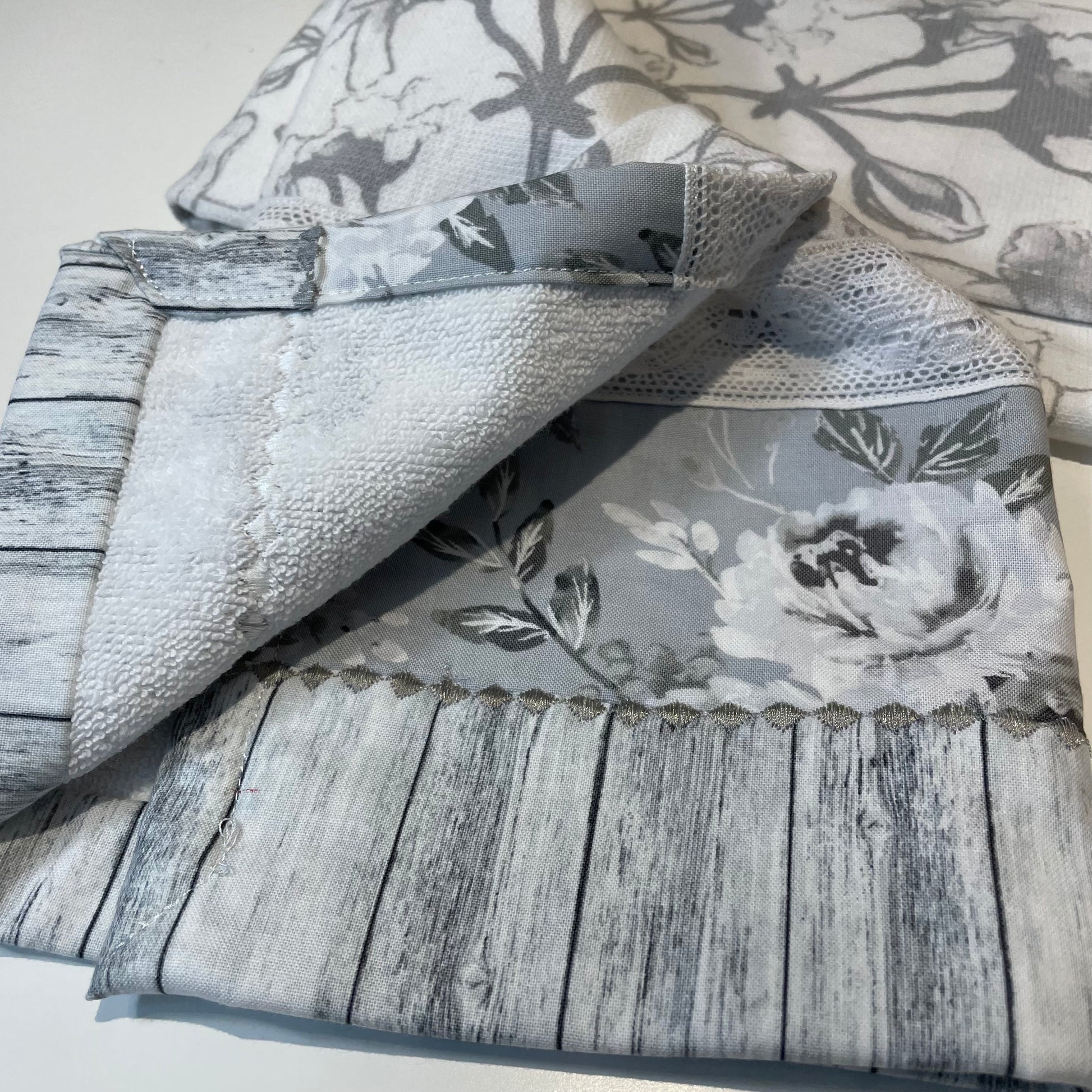 Grey and White Kitchen Dish Towel, Cute Handcrafted Modern Farmhouse Tea Towel - Home Stitchery Decor
