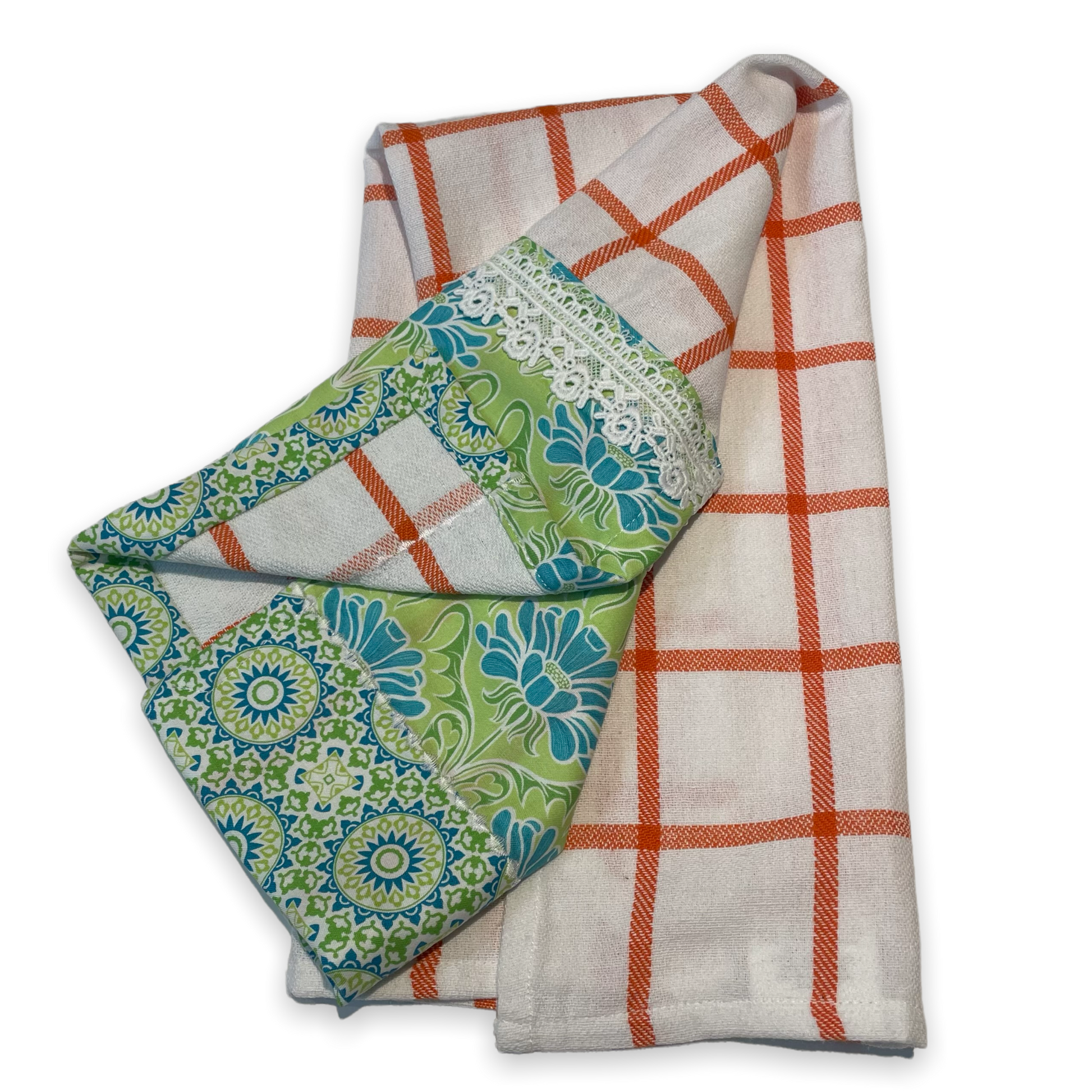 Cute Retro Decorative Dish Towel. Orange and White Checked Tea Towel with Handcrafted Accents - Home Stitchery Decor
