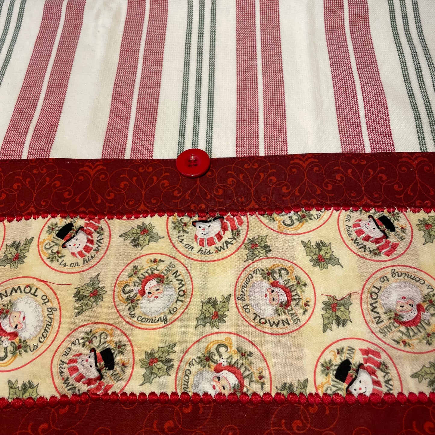 Cute Red Christmas Dish Towel with Santas and Snowmen - Home Stitchery Decor